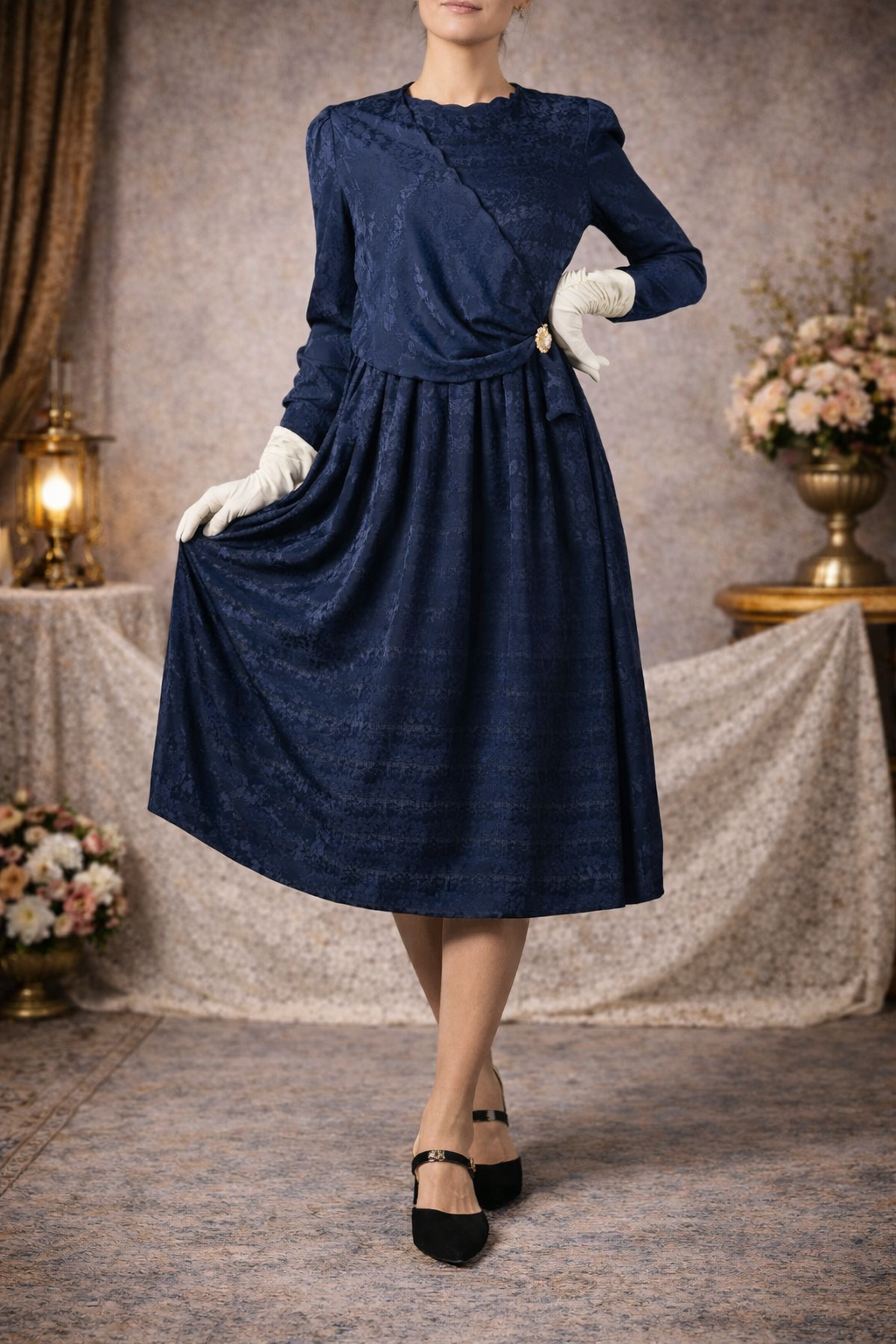 Vintage Japanese "Tokyo Soir" Elegant Rose Pattern Faux Twin Evening Dress with Pearl Accent and Scallop Edge(MT1840-44)