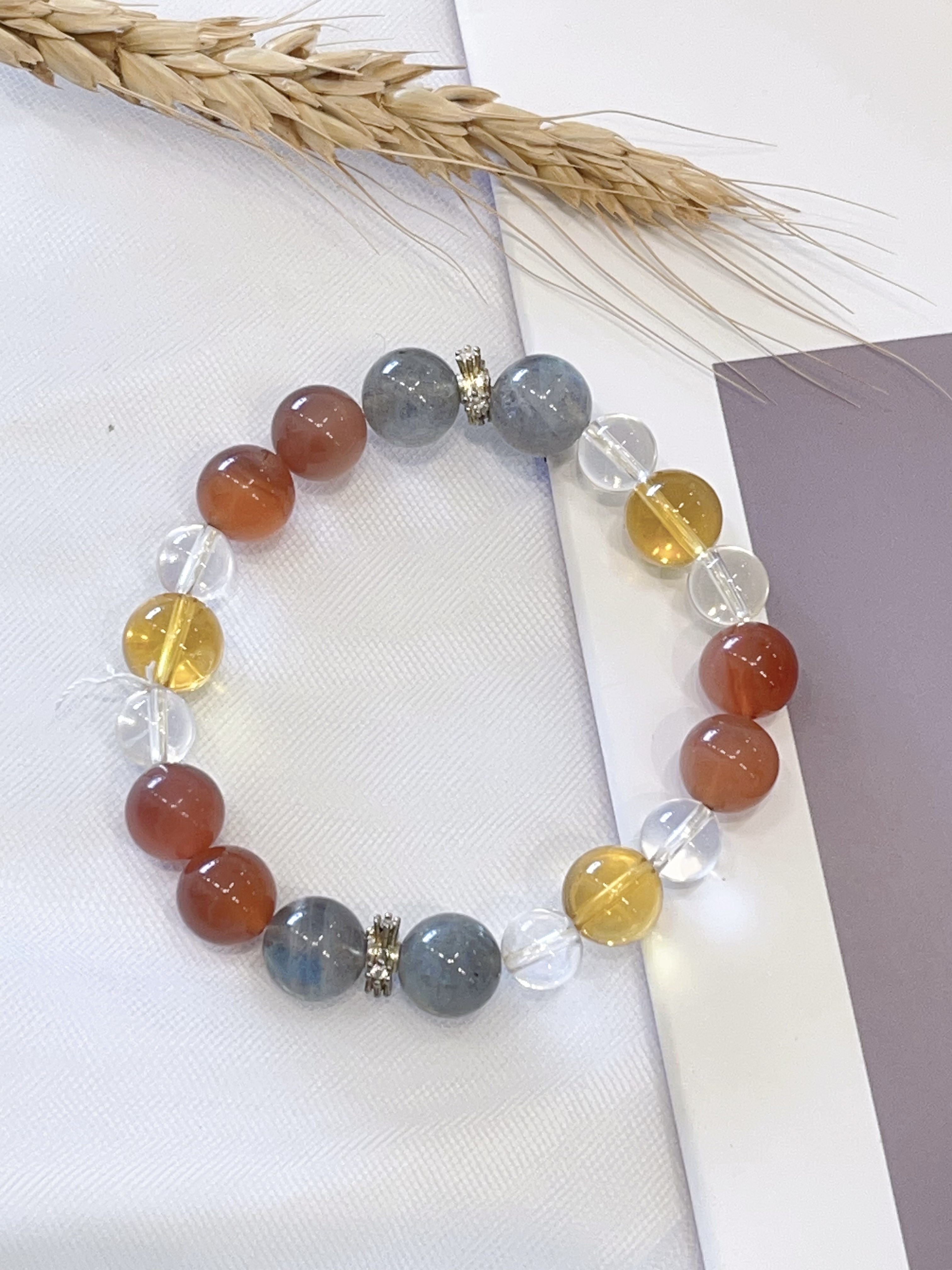 🌙 彩光守护 · 月光石 × 红玛瑙 × 白水晶 × 黄水晶手串  Moonstone & Carnelian & Clear Quartz & Citrine Bracelet