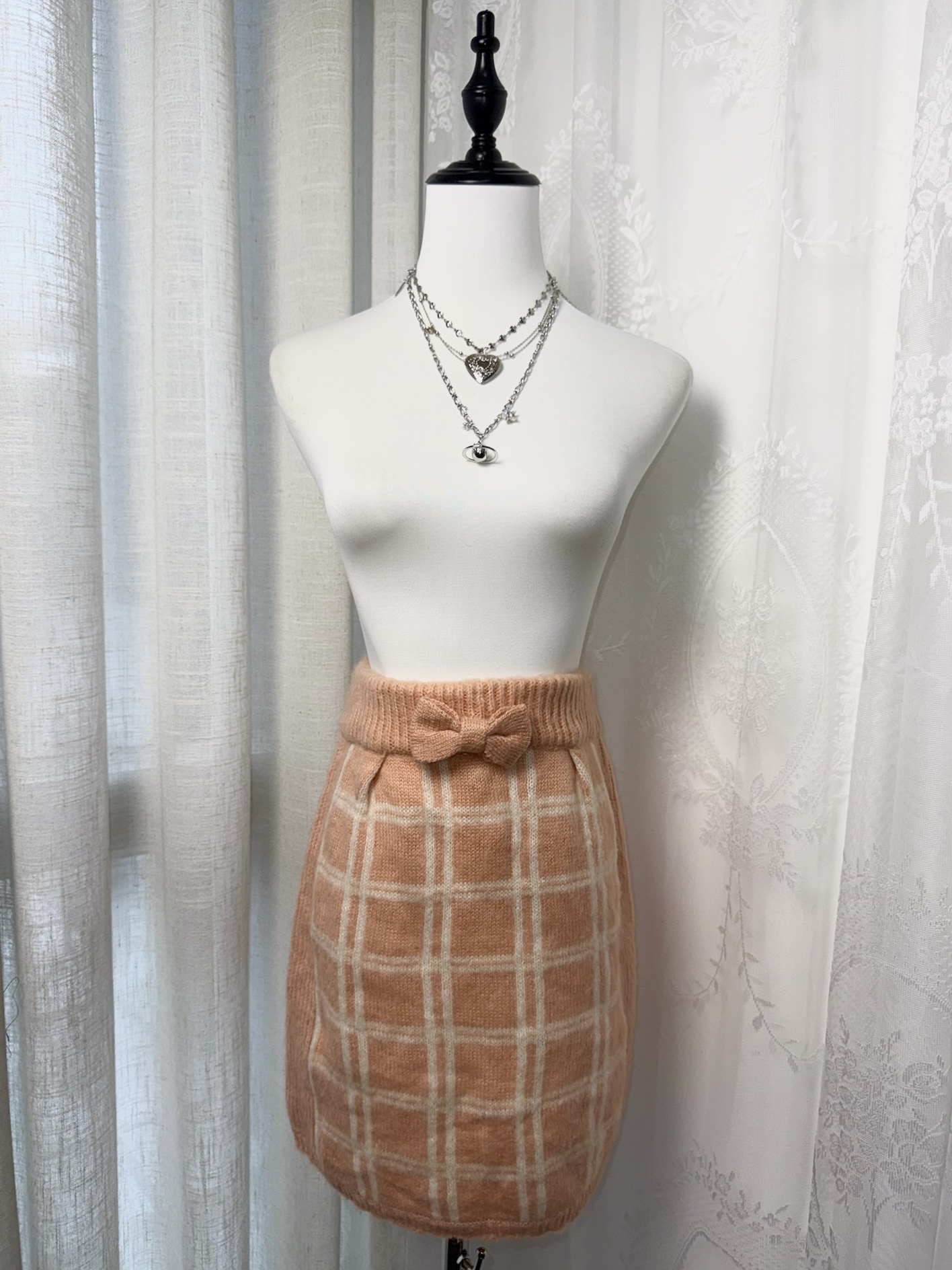 Plaid Knit Mini Skirt with Center Bow