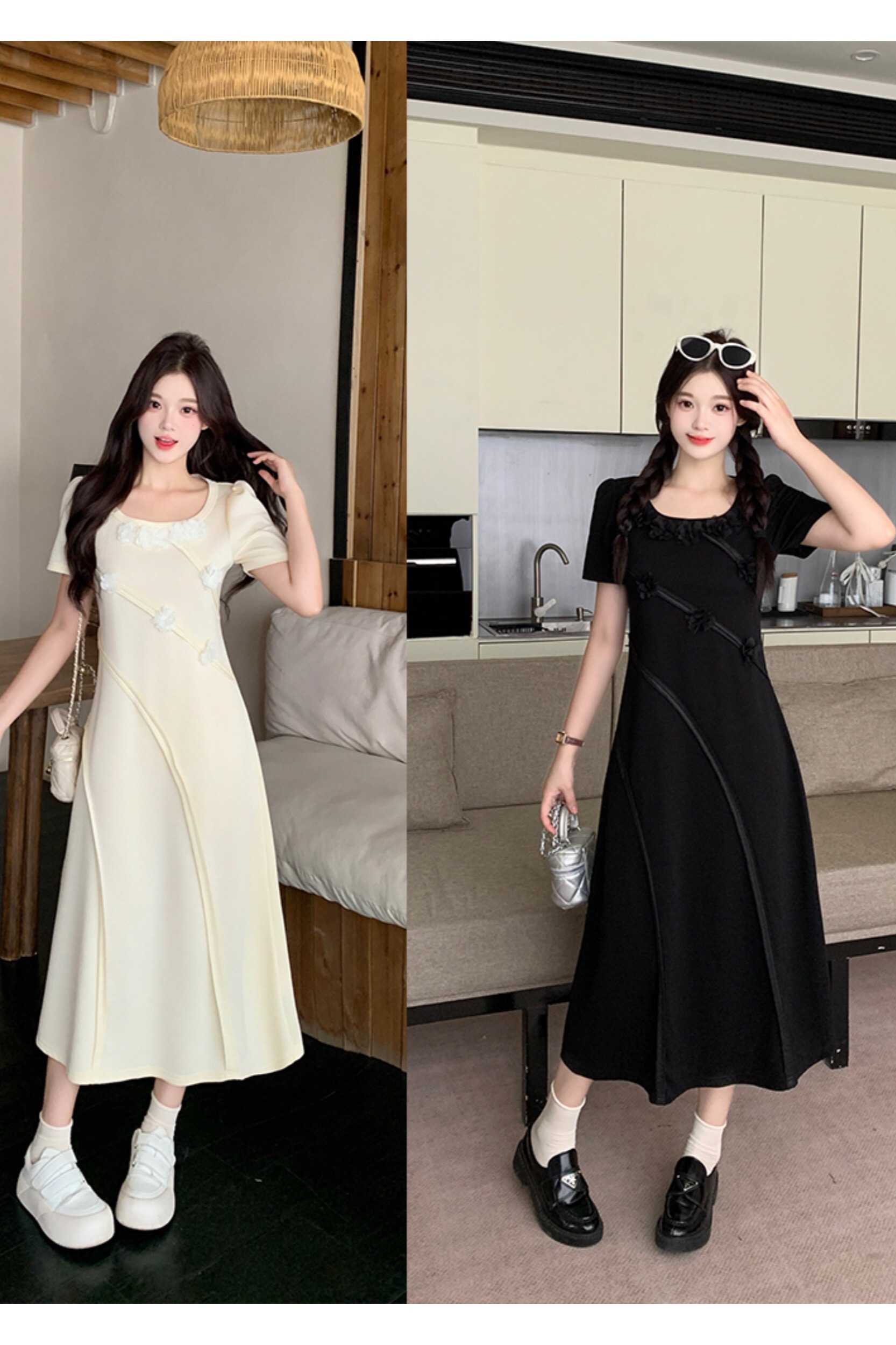 B33(64980) 法式气质立体花朵斜暗纹显瘦黑杏连身裙