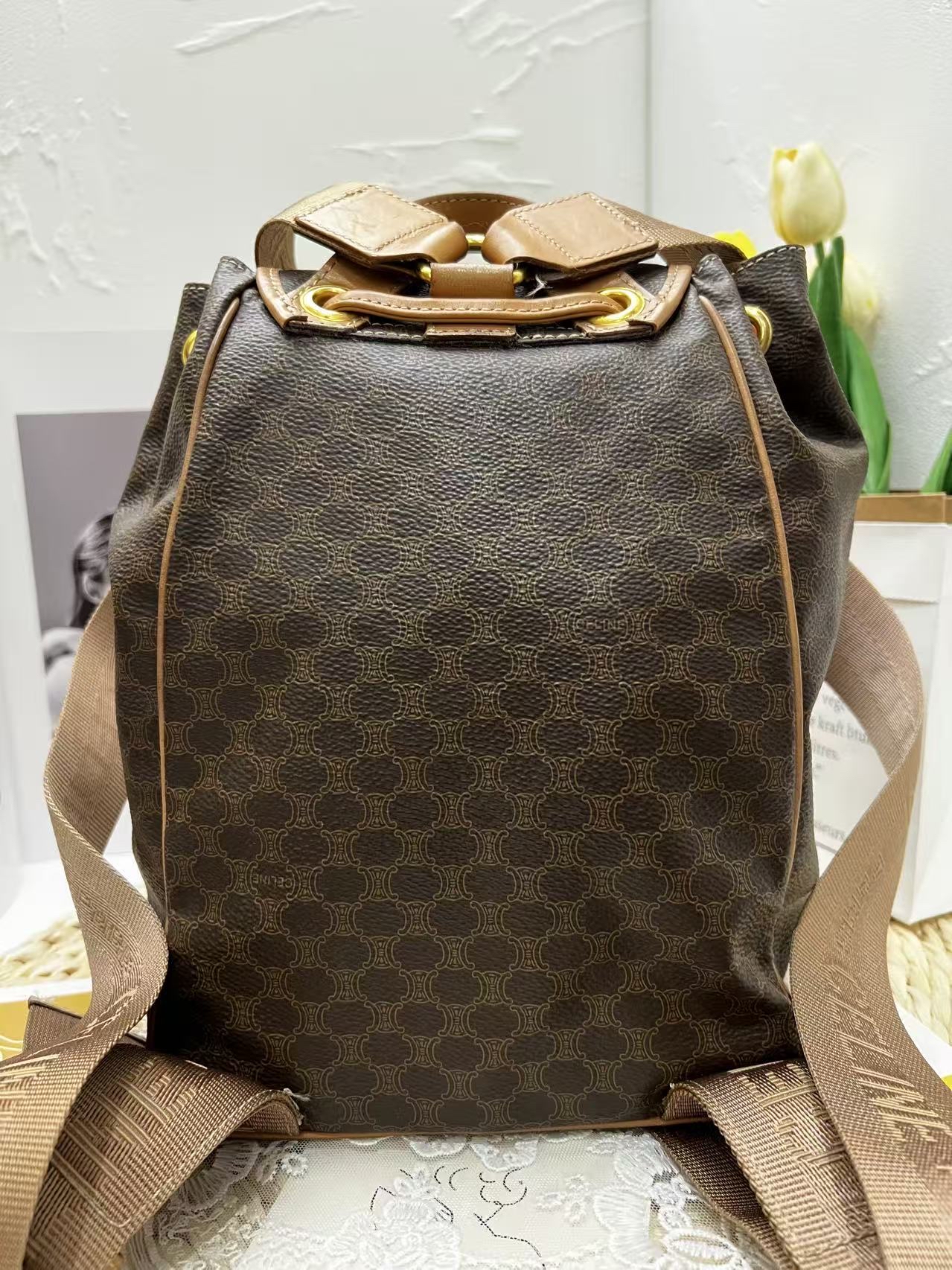 Celine Vintage Macadam Canvas Drawstring Backpack