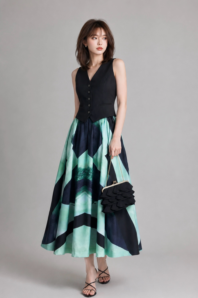 601121 Monochrome Abstract Print Maxi Skirt