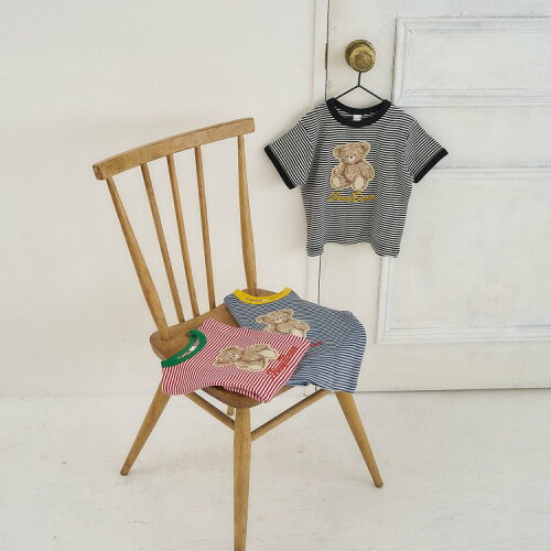 🆕【⭐訂購⭐】🇯🇵日本直送🌀小熊刺繡貼布 拼色綑邊袖 條紋短袖Tee［3款選］🌀 [ELDA-0279][260530]