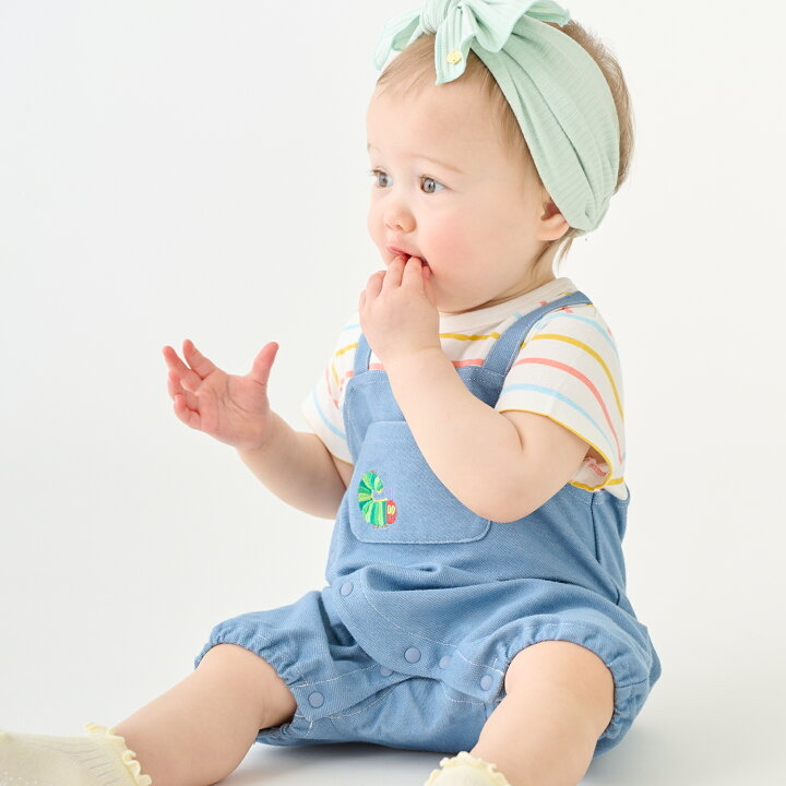 🇯🇵預訂 日本直送🇯🇵Petit Main x 好餓的毛毛蟲系列兩色刺繡條紋吊帶短袖連身服