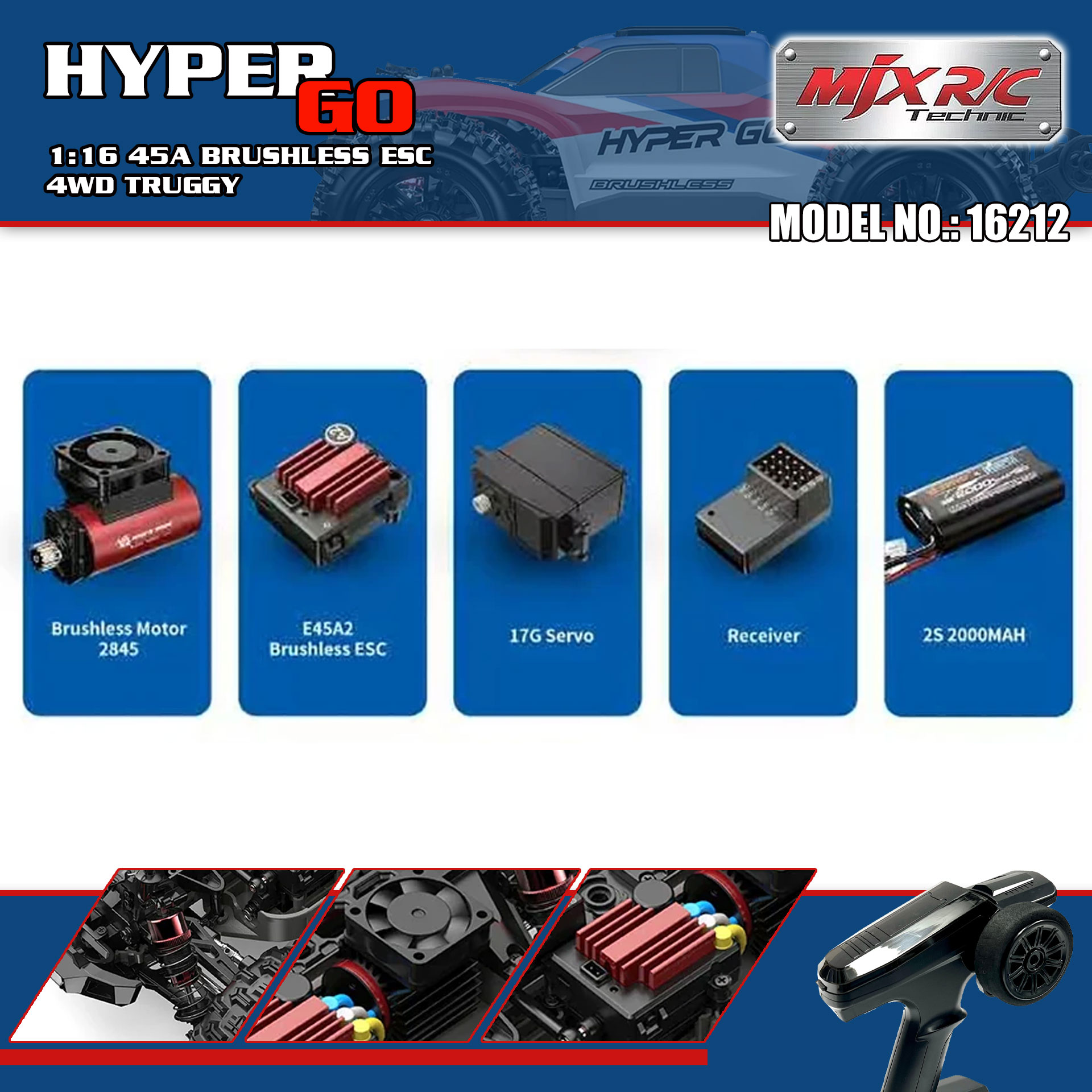 全新 美嘉欣 MJX R/C 1:16 16212 無刷越野車 | 防翻尾輪 | 金屬齒輪 | 油壓避震 | 可用2s-3s電 | 最高速約60KM/H