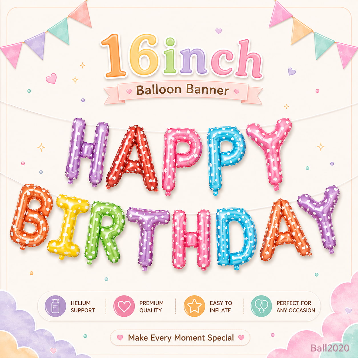 16吋馬卡龍波點 HAPPY BIRTHDAY 彩色生日字母鋁膜氣球拉旗