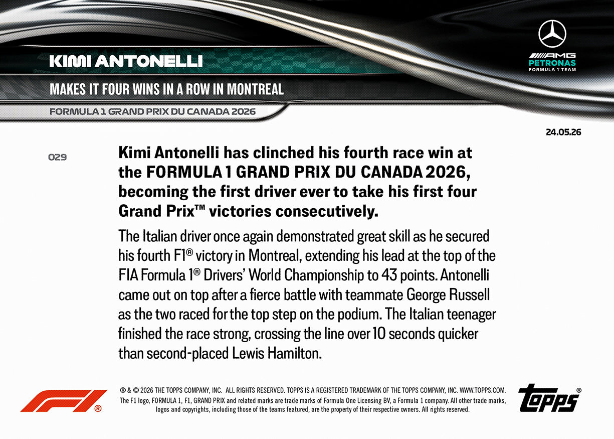 Kimi Antonelli - 2026 F1 Topps NOW® #29 Canadian GP 四連勝贏車卡｜PR 12,552