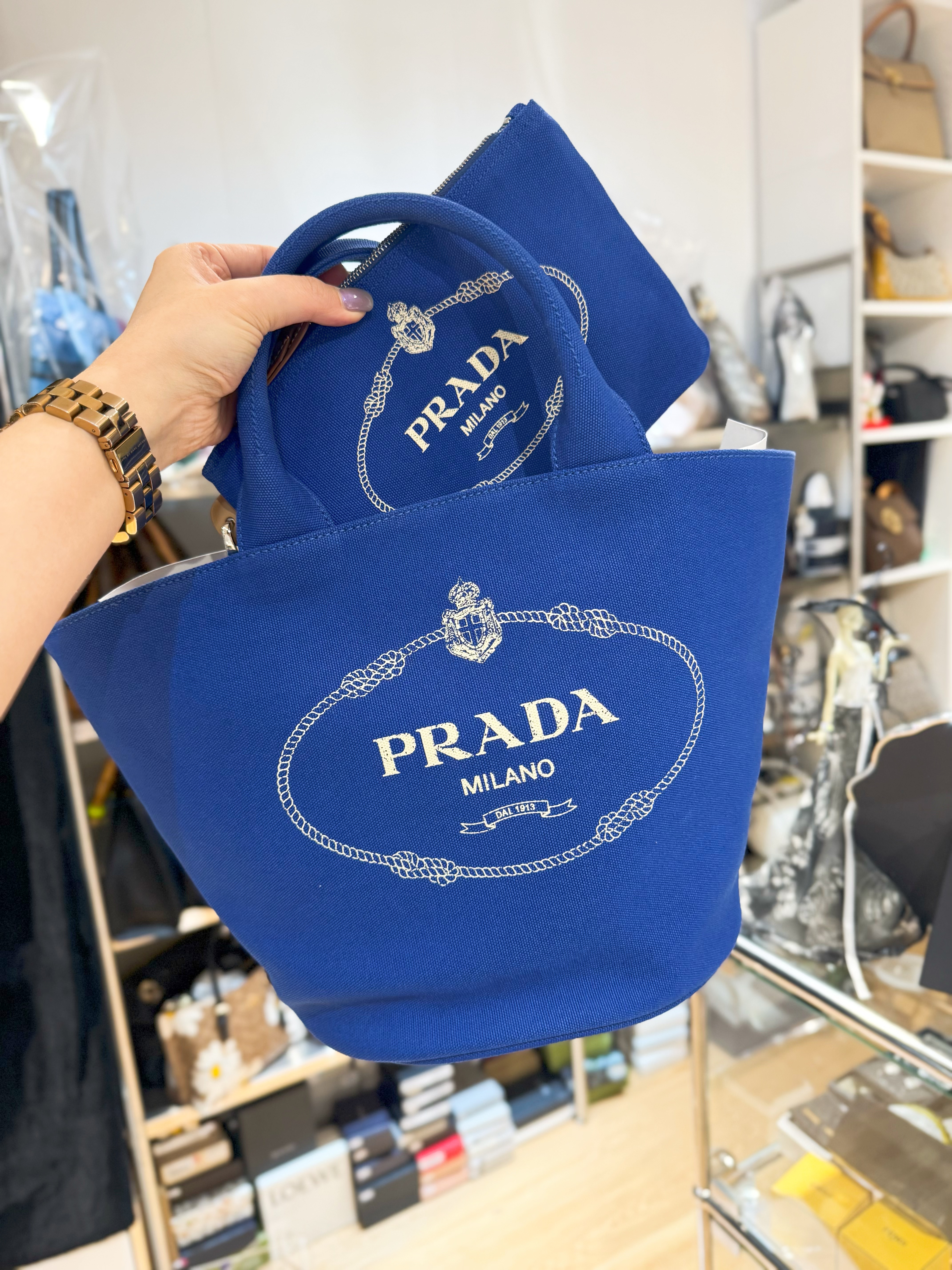 Prada canvas bag with pouch blue