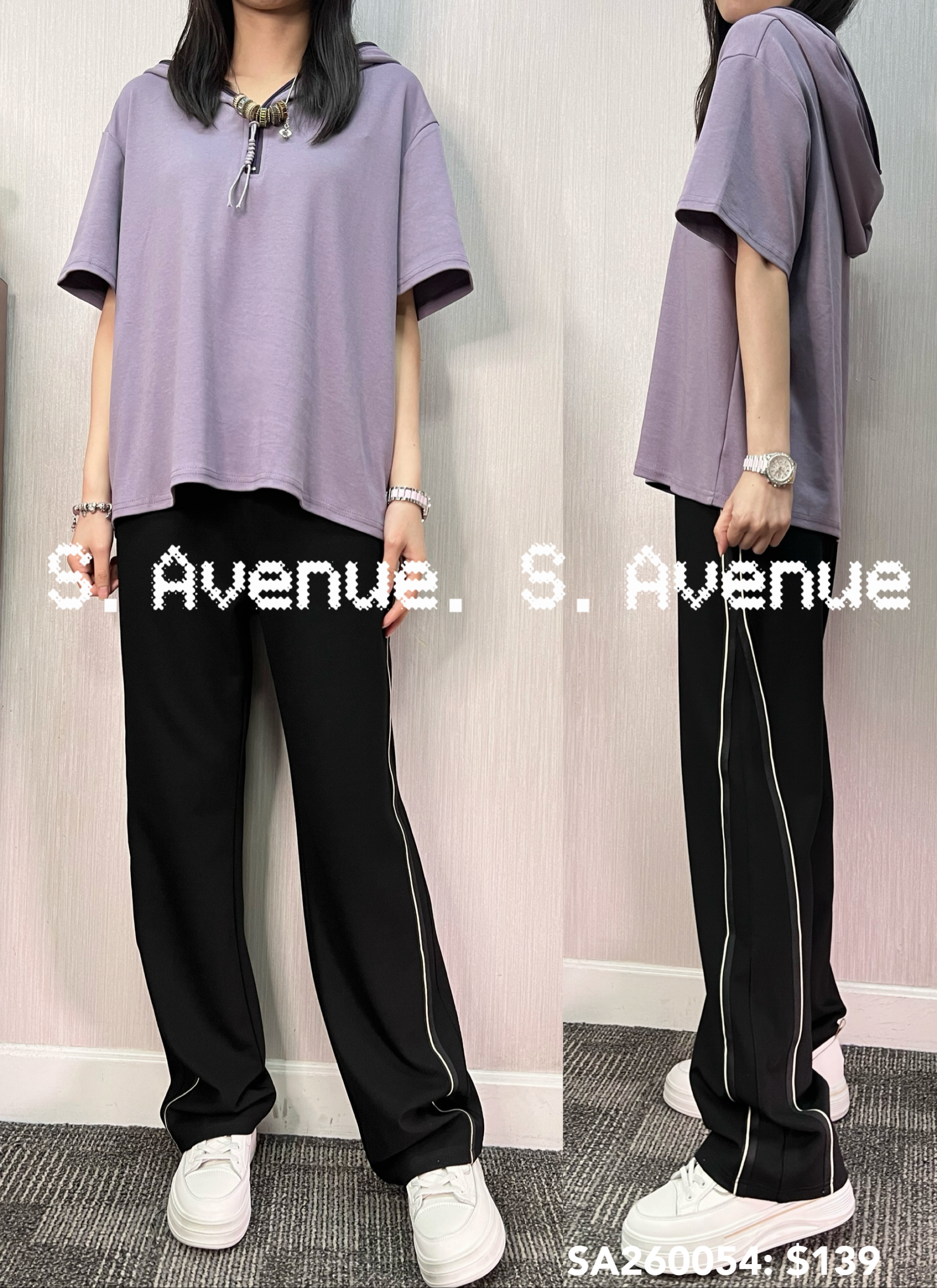 SA260054: 短袖有帽拉錬淨色tee