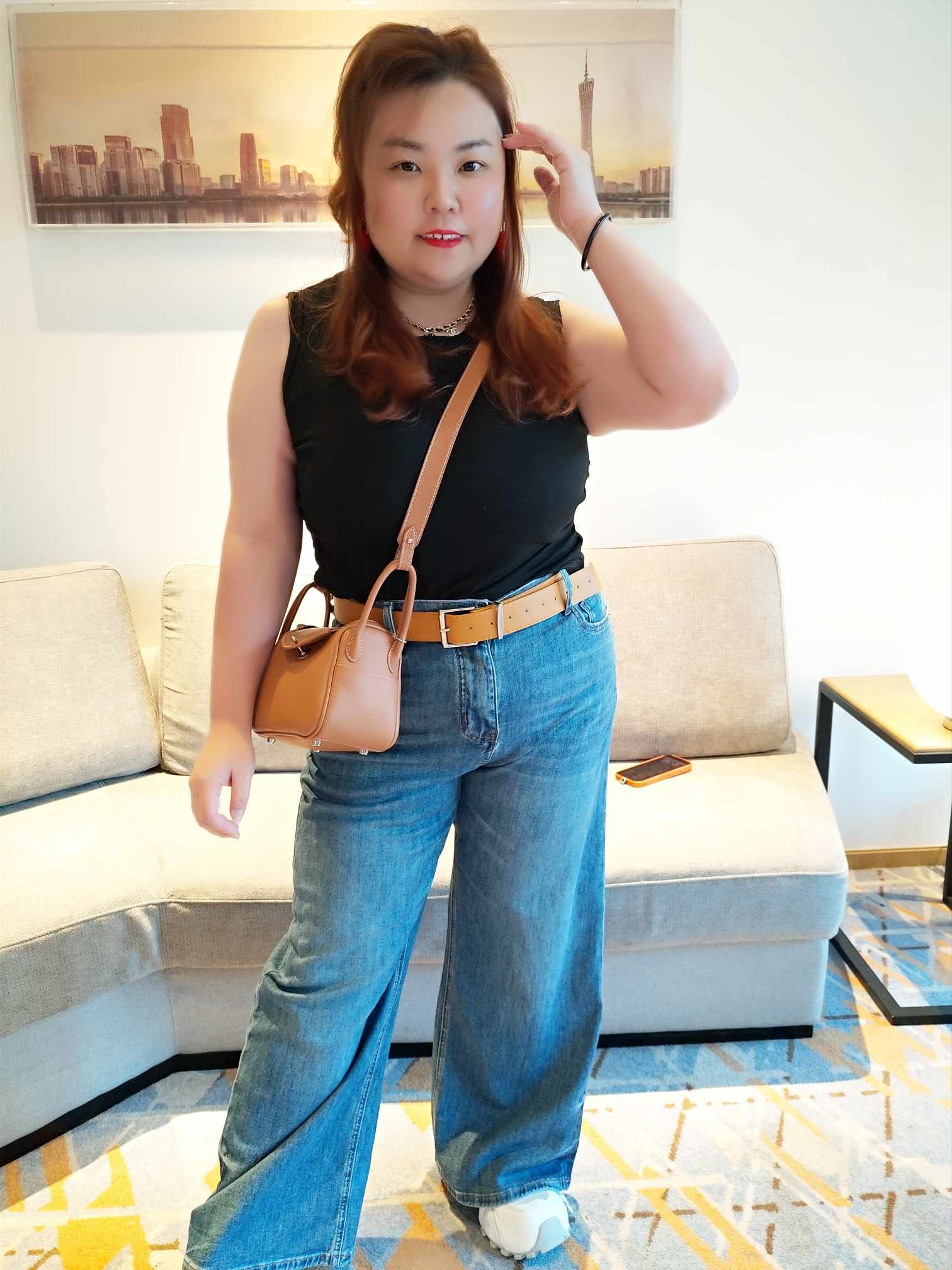 YCF07 3057 腰带水洗复古弹力牛仔直筒长裤