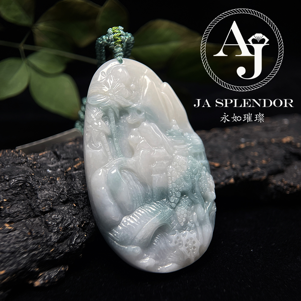 JN-38 天然翡翠A玉 細糯化飄藍花旺丁旺財山水牌