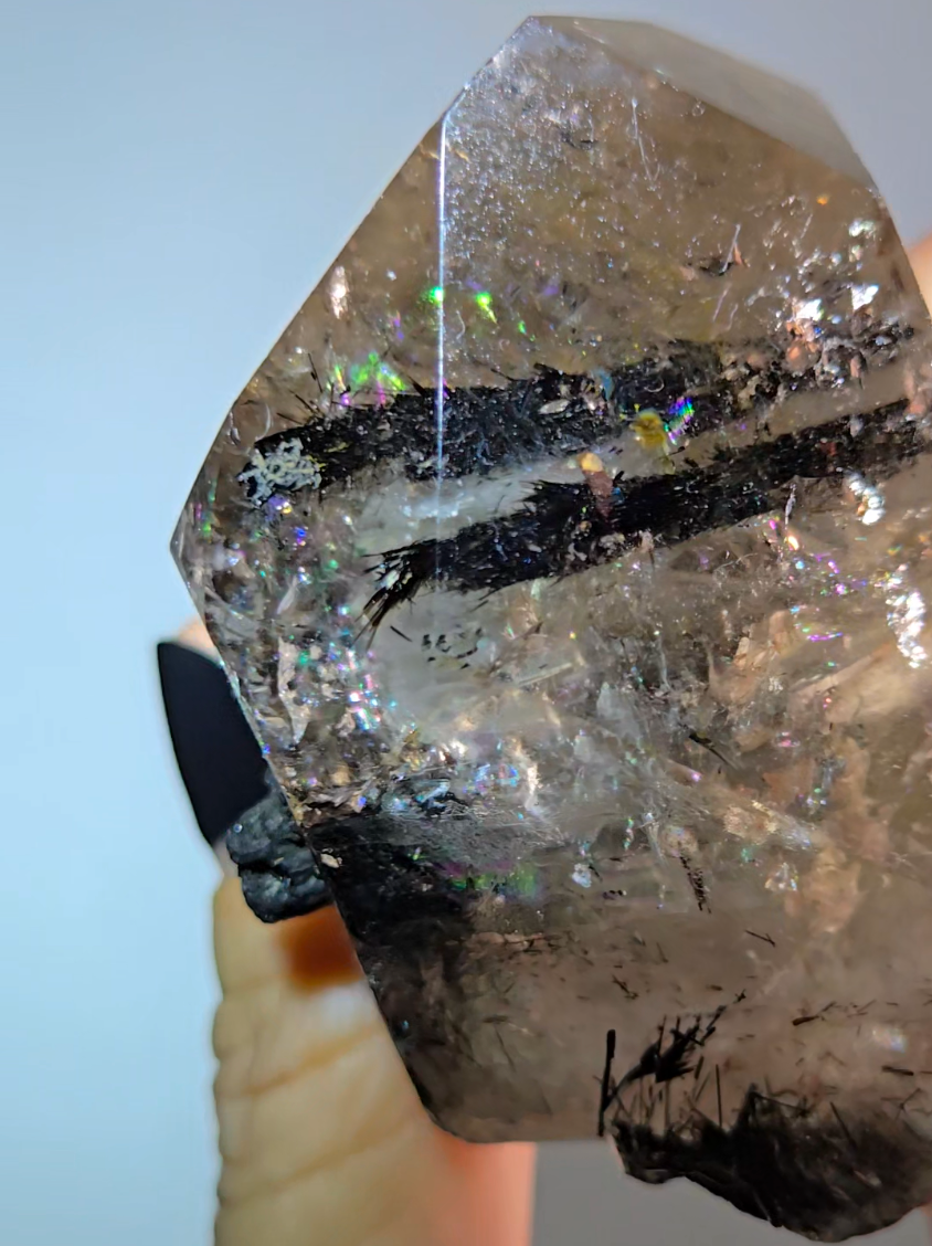 Black tourmaline inclusion smoky quartz with rainbows - RT1457