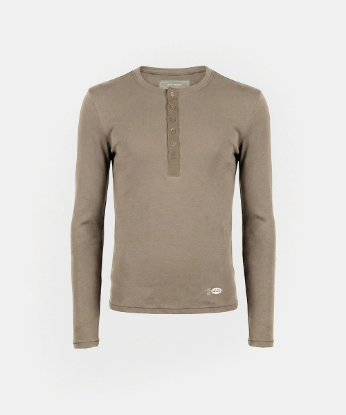 BS Cotton Jersey Fitted Henley Neck Long Sleeve T-Shirt - Tobacco