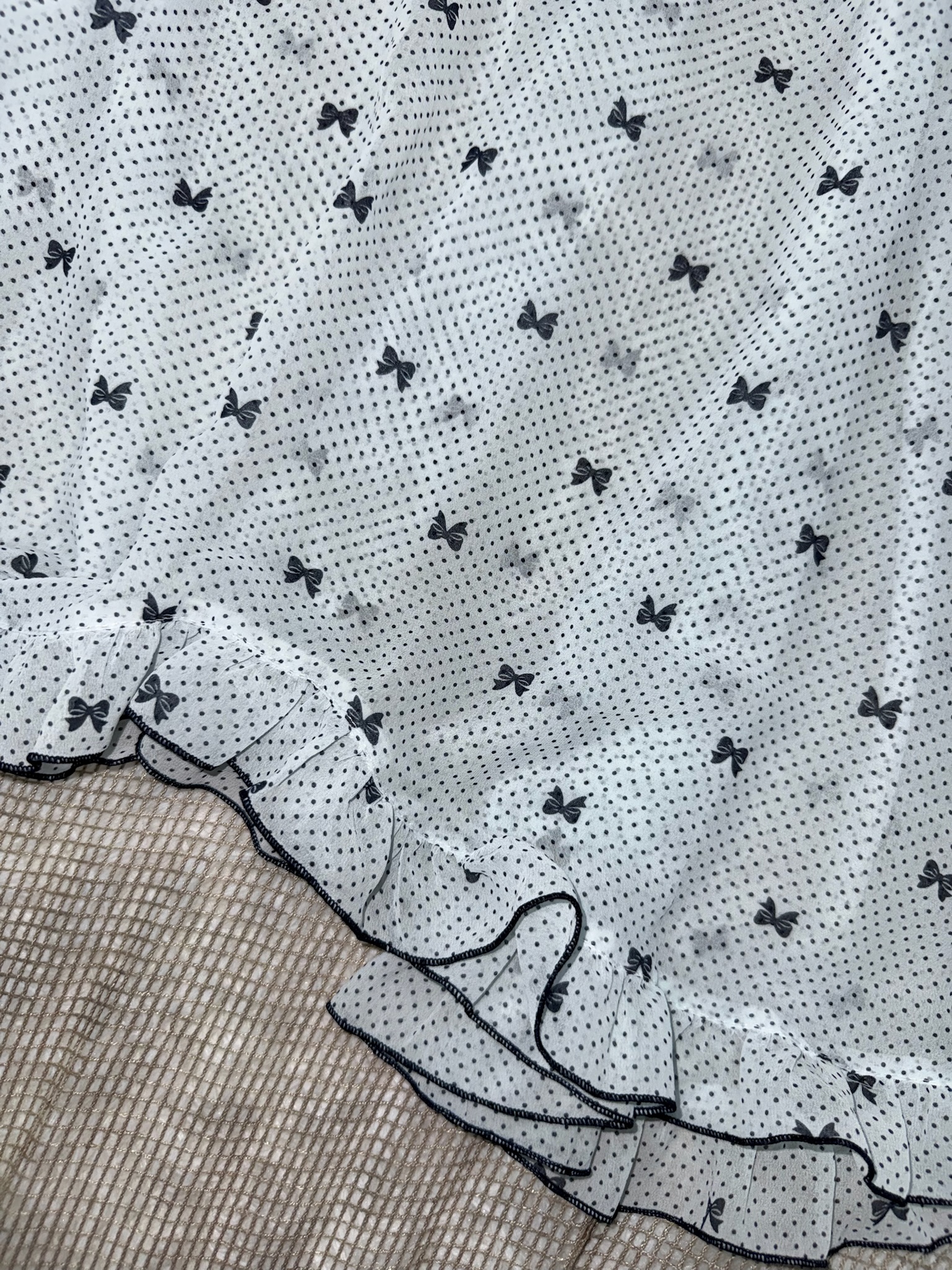 Cream Blue Polka Dot Flutter Hem Mini Dress