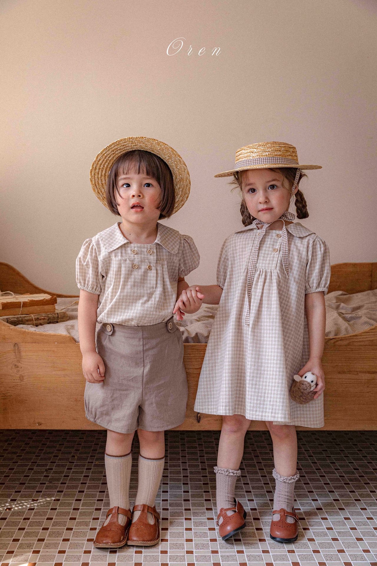 ☀️預訂 韓國直送☀️🇰🇷Oren 雙排鈕扣格紋翻領短袖包屁衣/連身裙/上下套裝