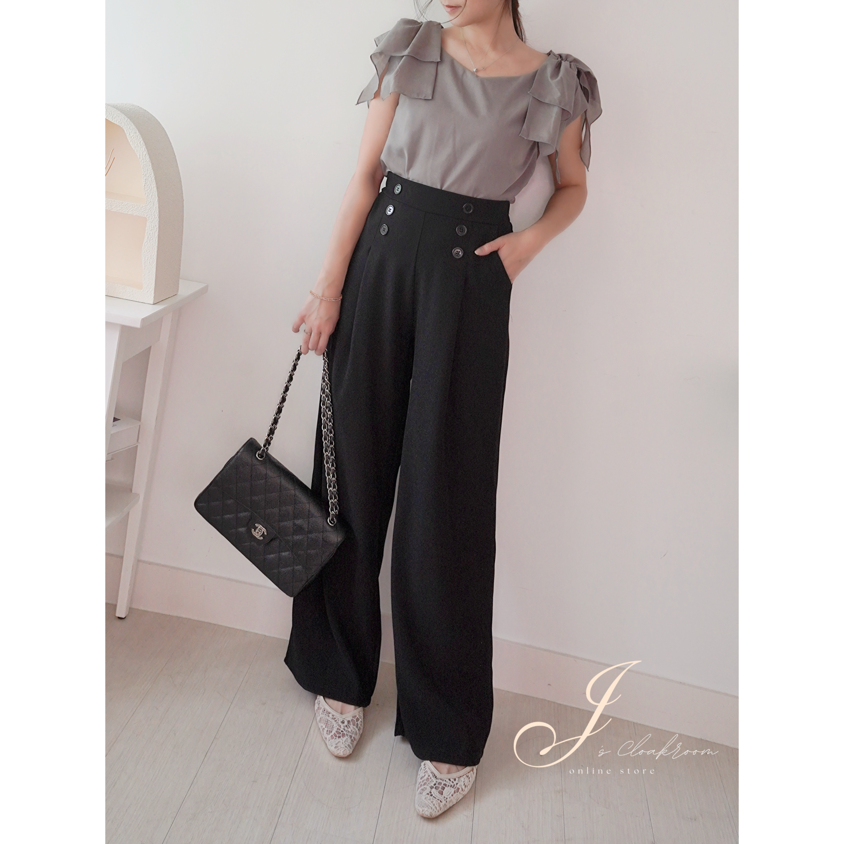 百搭知性の選💮排鈕闊腳長褲(KR)黑色310737
