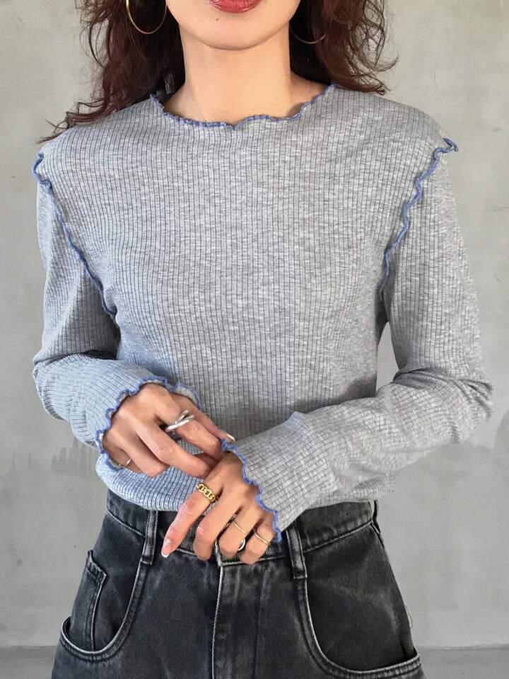 時尚羅紋長袖上衣 - 藍邊設計