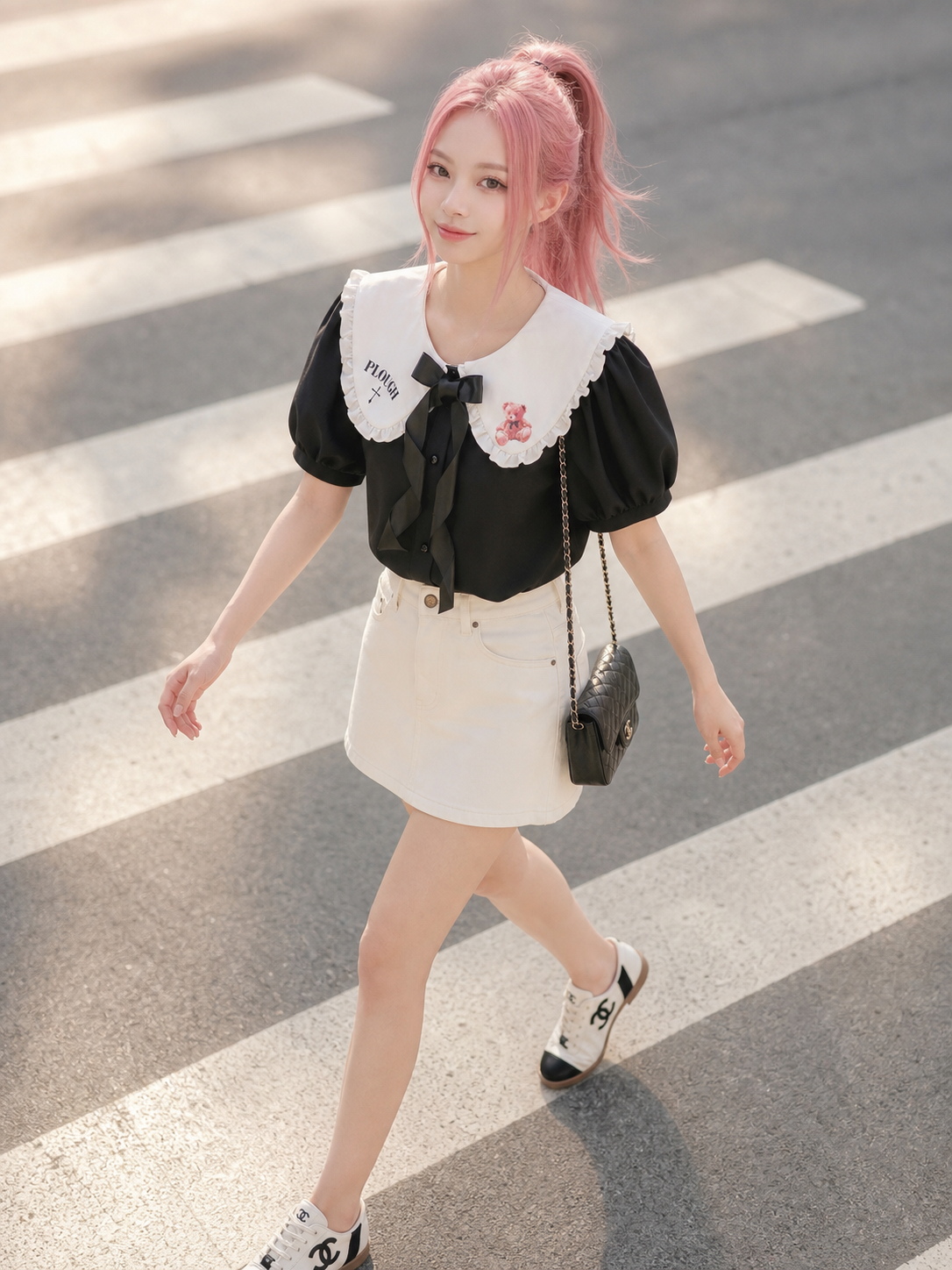 【APV - Girliness 】夜幕小熊的午茶約會撞色娃娃領黑白短袖襯衫 Midnight Teddy's Teatime Contrast Collar Vintage Blouse