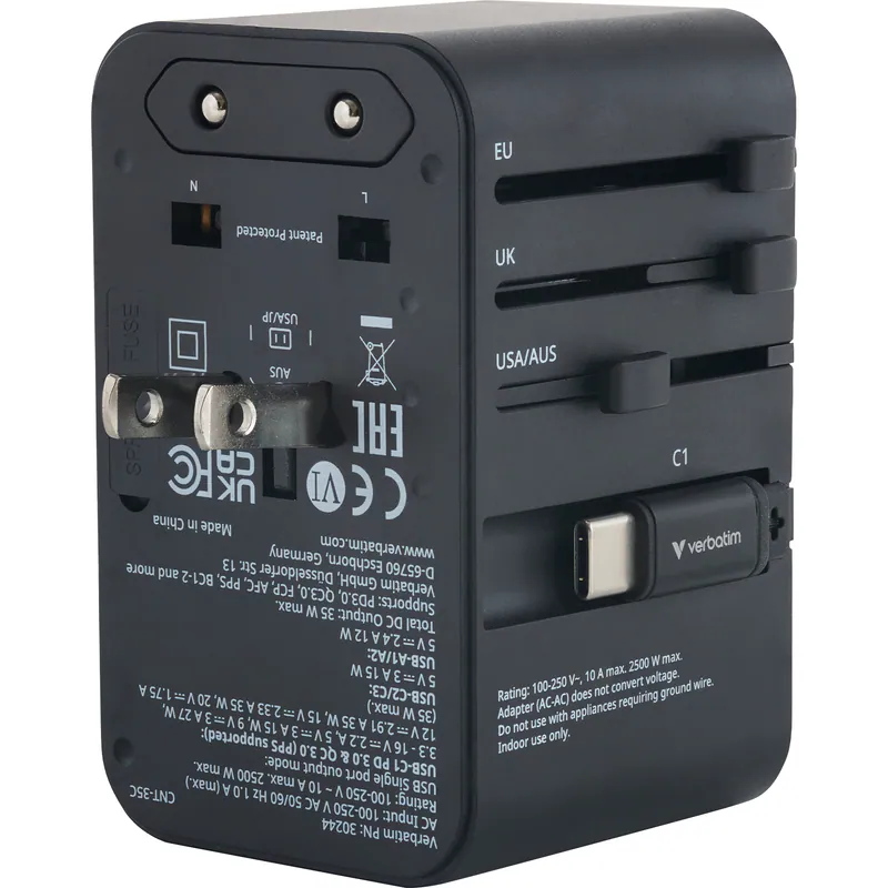 香港行貨 2年保養 威寶 Verbatim 35W 通用旅行轉插 旅行充電器 (附USB-C可伸縮充電線) 30244