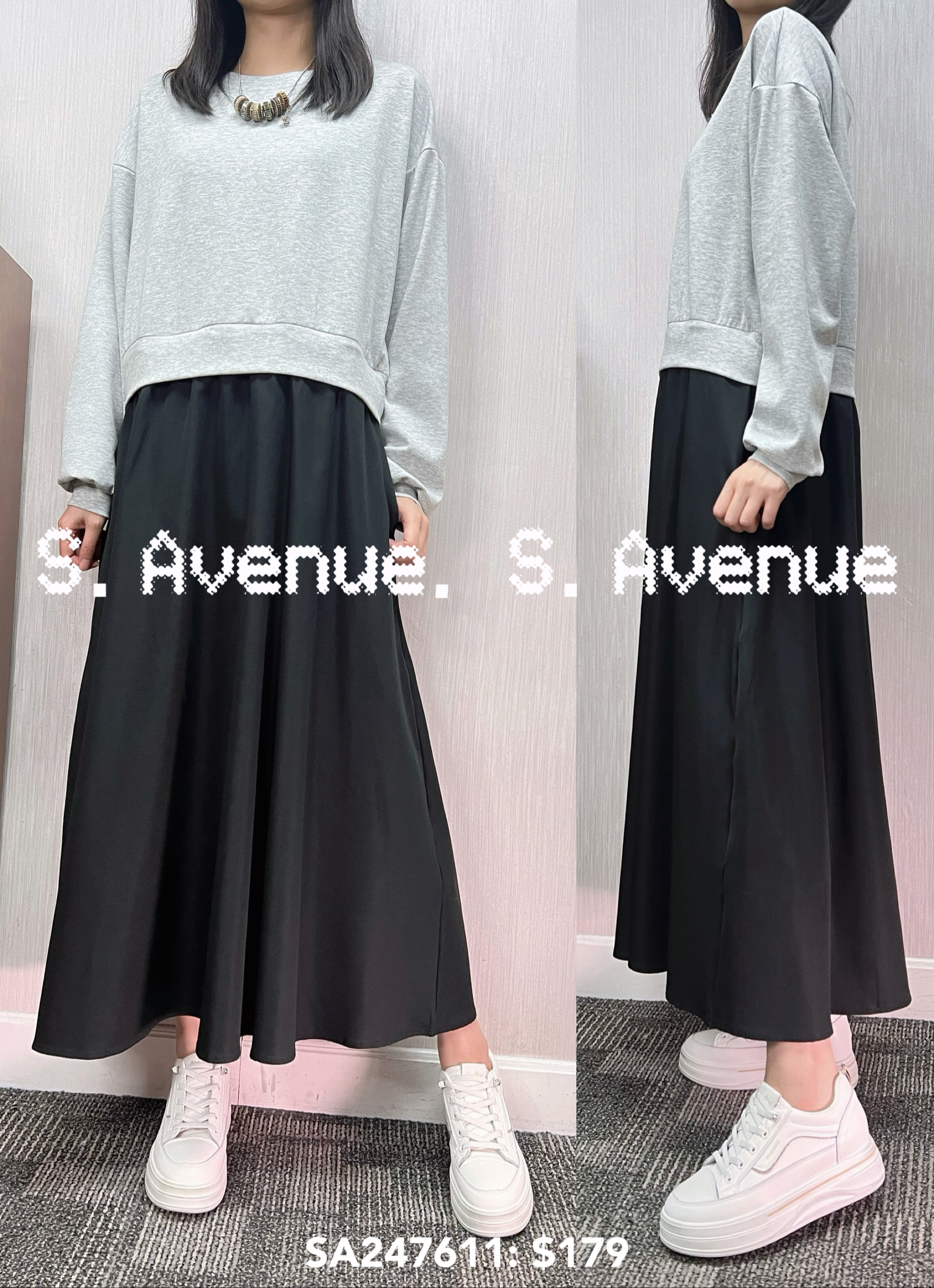 SA247611: 長袖淨色拼色長裙