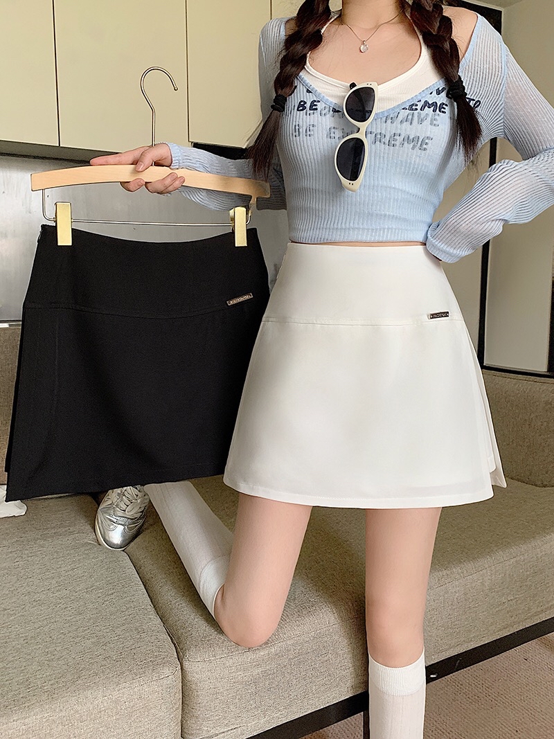 B178(21758) 韩版单银别针标签双边开角显瘦黑白短裙