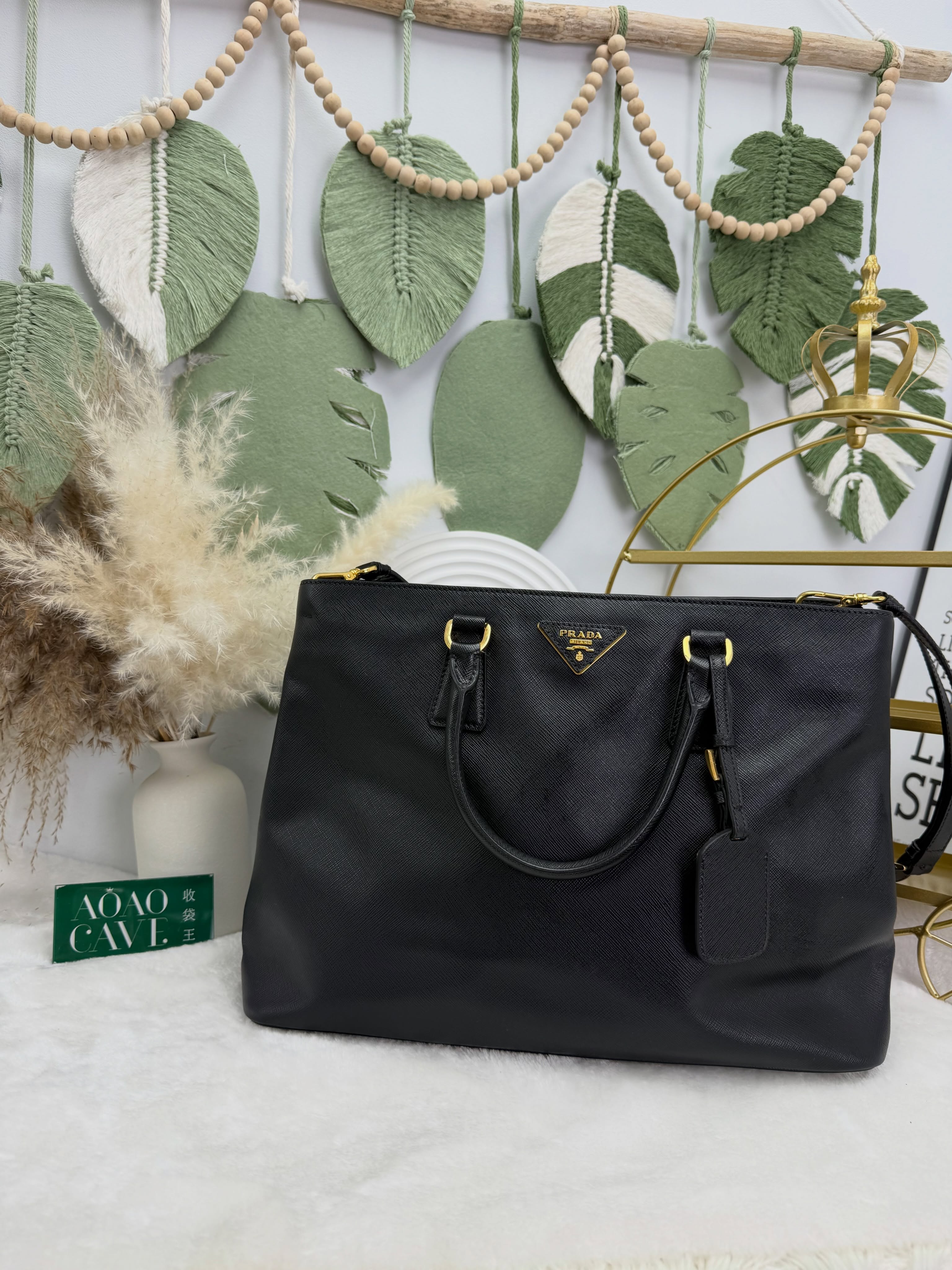 Prada 💼PRE OWNED 🛍️十字紋金Galleria Saffiano Leather Bag 🖤 