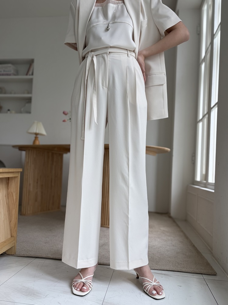 Aveline Belted Straight Slacks (Ivory)