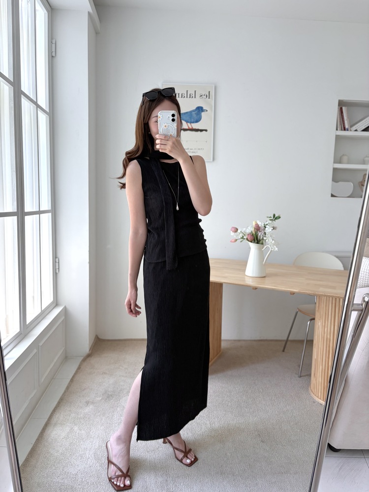 Summer Pleated Scarf Set (Black)