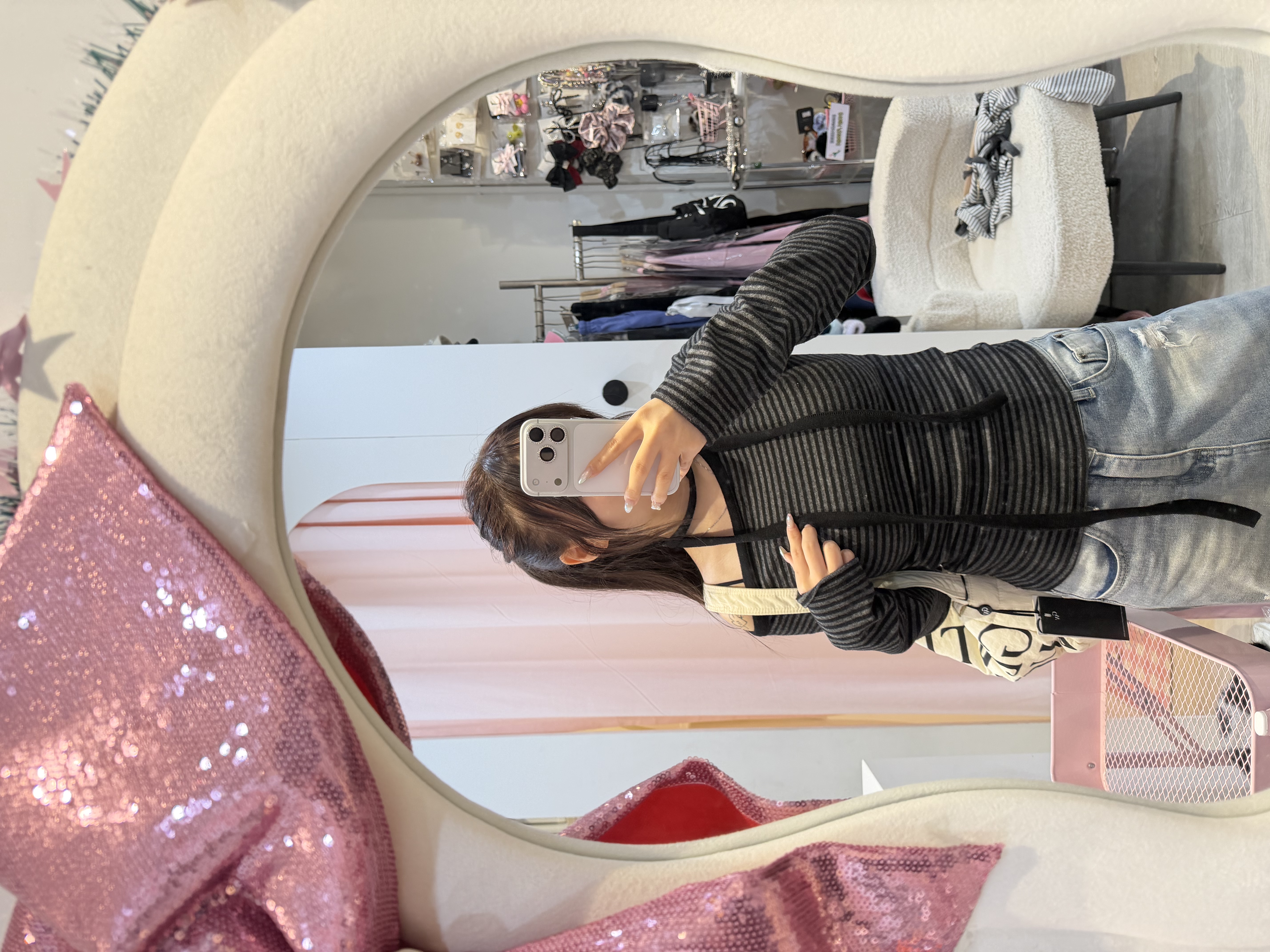 已售罄❌韓國間條露膊長袖Top + 掛頸繩