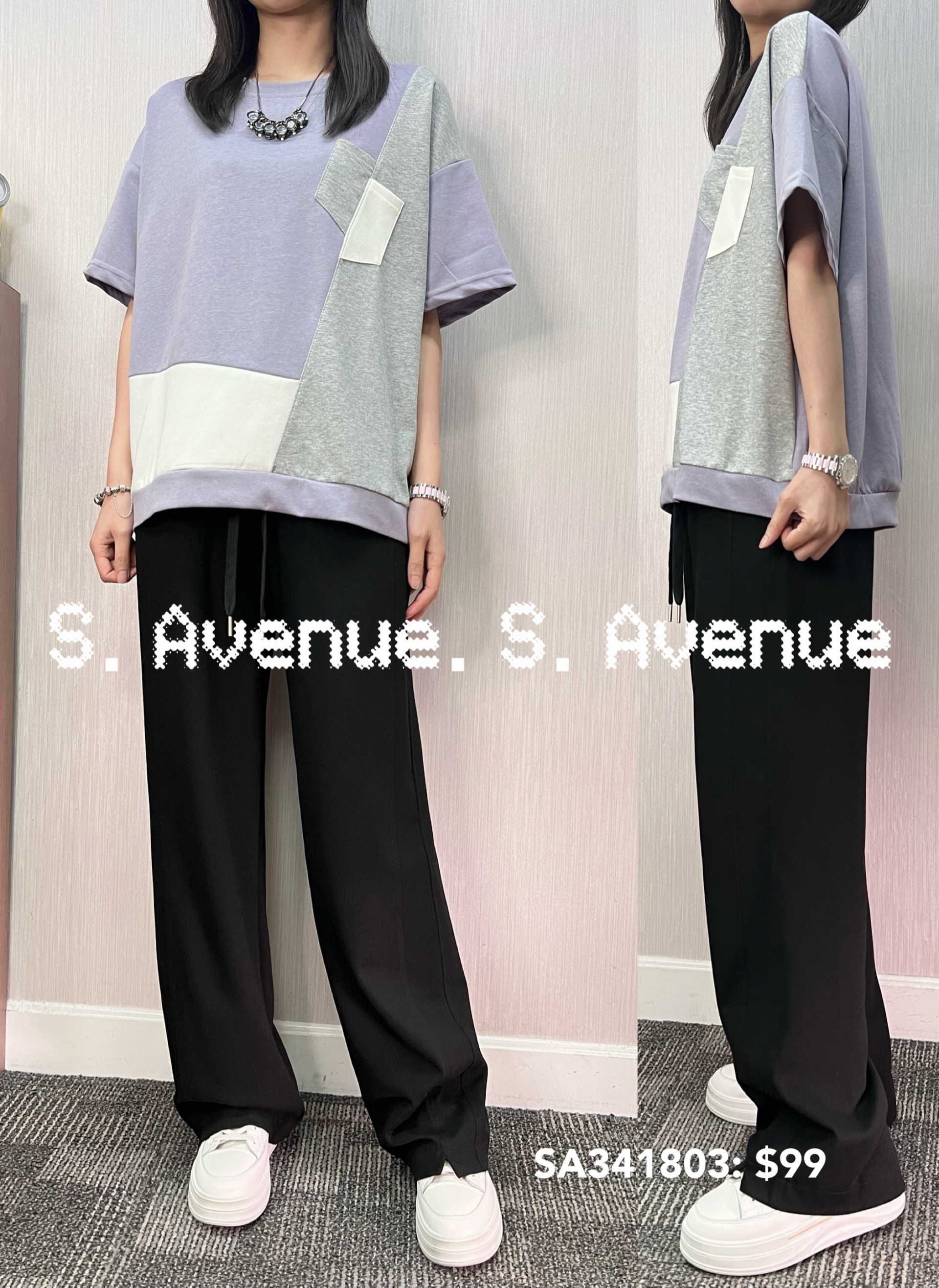 SA341803: 短袖拼布拼色鬆身tee