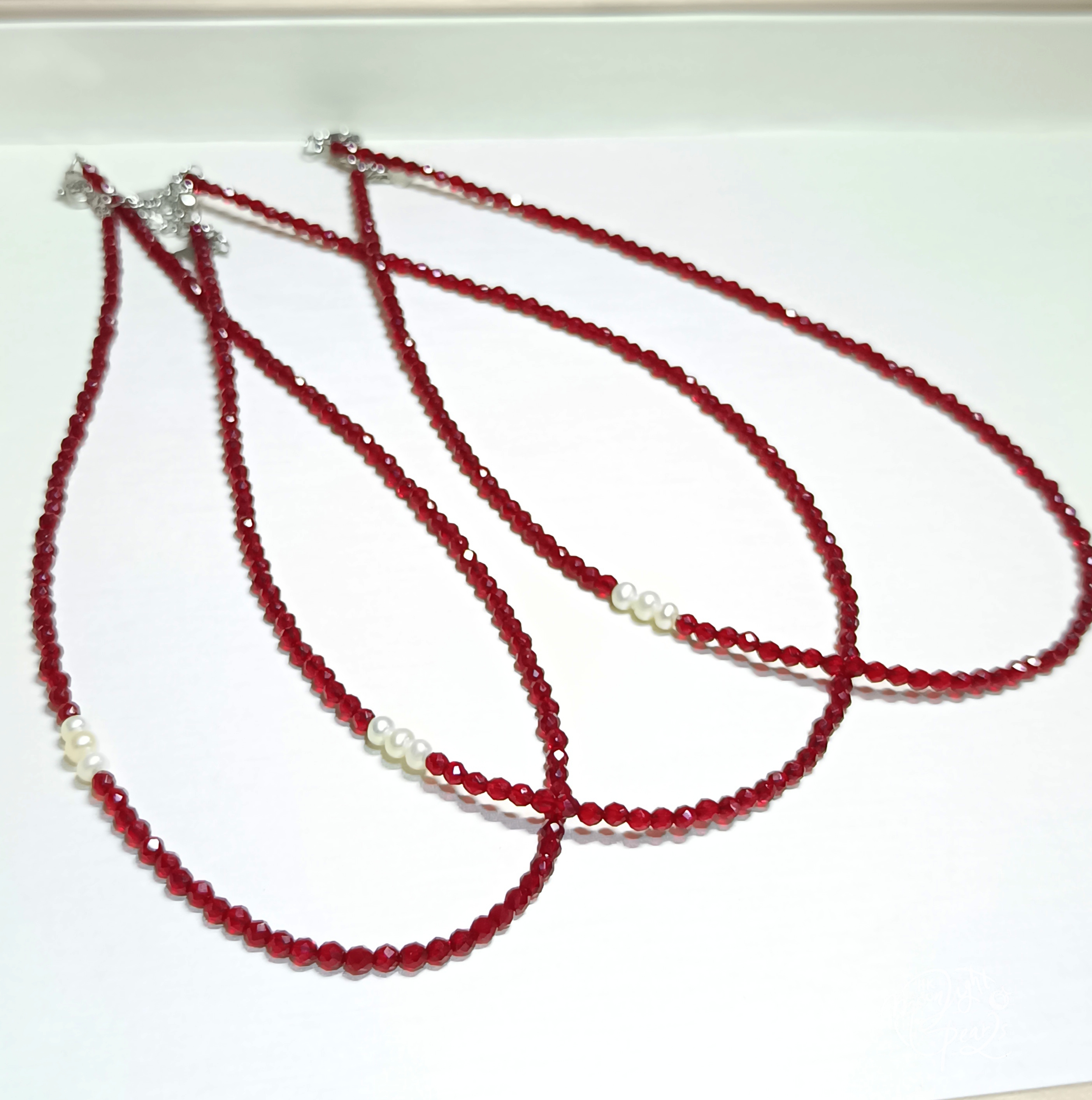 淡水無瑕強光baby珍珠+深紅尖晶石注白金尾鍊扣時尚鎖骨鍊