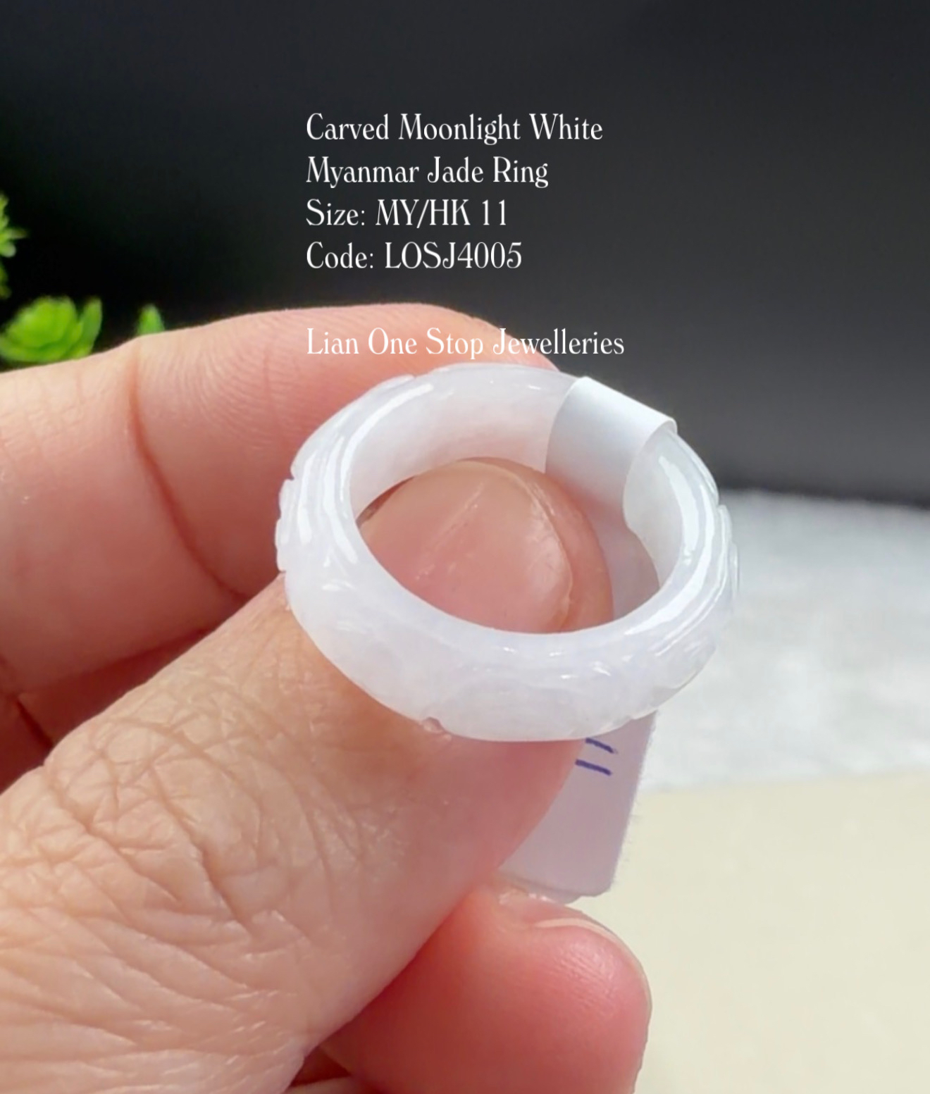Size 11 Code: LOSJ4005 Carved Moonlight White Myanmar Jade Ring