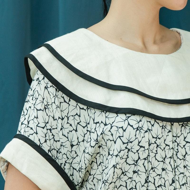 Vintage C.a. 1980s Nancy Johnson Made in Hong Kong Black & White Patter and Trim Wide Collar Day Dress-Fit size M-L(Na0785)