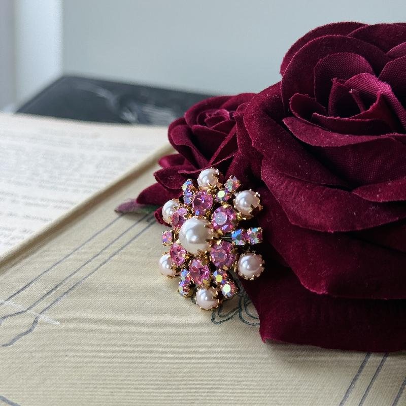 C.a. 1950-60s Pink Rhinestone and Faux Pearl Collar Brooch from Europe (MW240)
