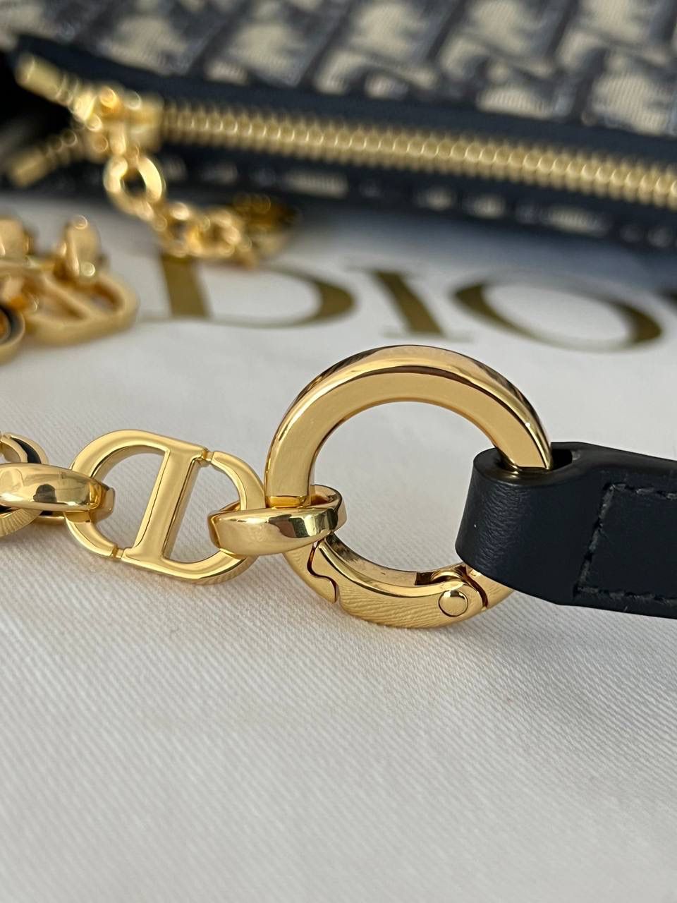 CD LOUNGE 手袋蓝色 Oblique 印花👜✨ 独家渠道货 独家腋下包老花 尺寸：26 x 15 x 5.5 厘米 这款 CD Lounge 手袋是2023夏季新品，彰显 Dior 的现代审美与高订风范。 采用蓝色 Oblique 印花面料精心制作，突显 Dior 经典图案。 经典链条与皮革搭配，交替饰以金色饰面金属和同色调珐琅链环，可折叠设计，可肩背或手提。 拉链开合搭配 CD 拉链头 可调节肩带，链条部分由金色饰面金属和与皮革同色调的珐琅 CD 链环组成，搭配皮革带 内含防尘袋