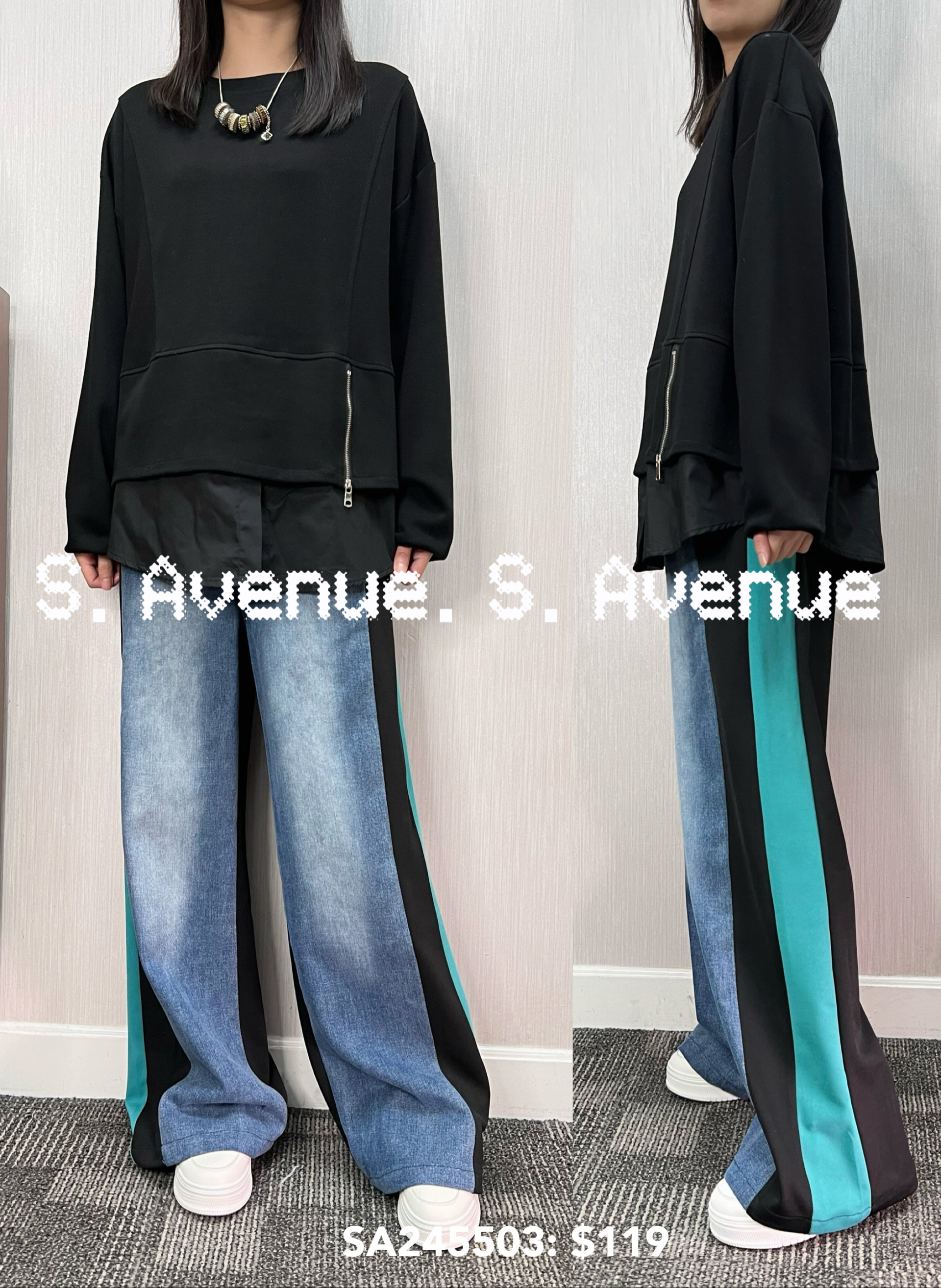 SA248503: 長袖側拉錬拼布鬆身tee