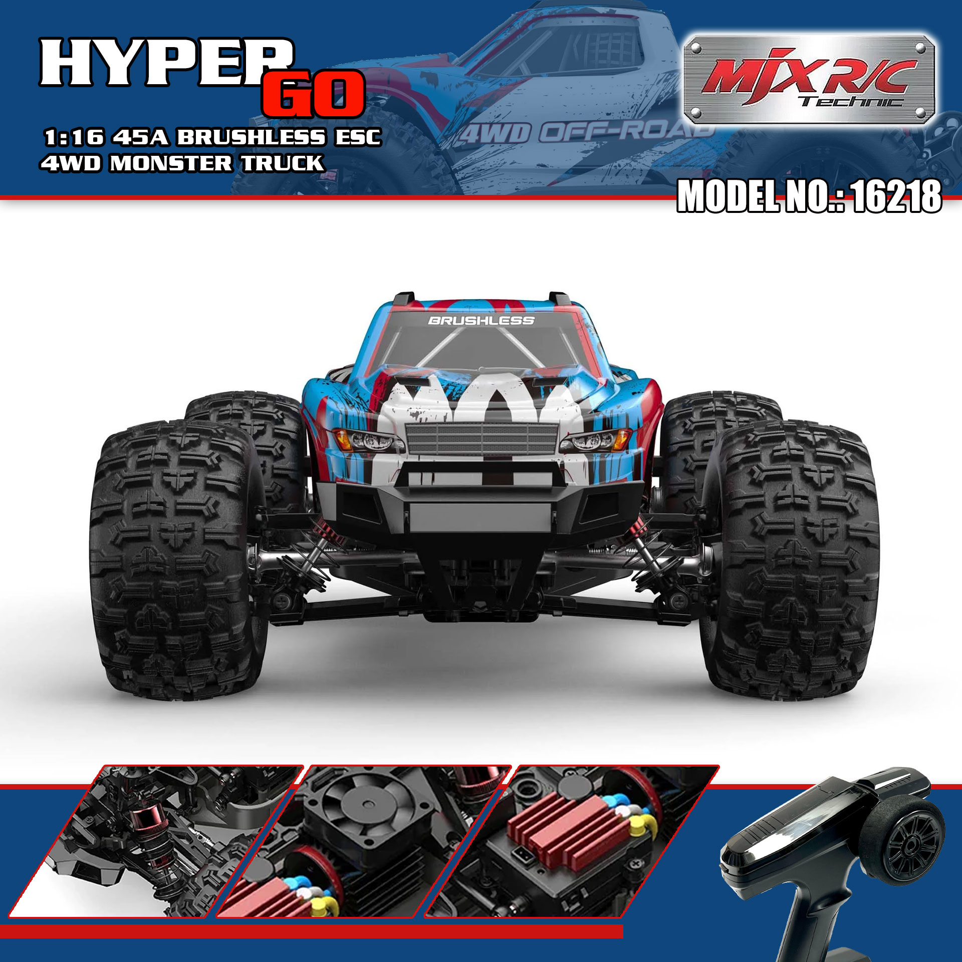 全新 美嘉欣 MJX R/C 1:16 16218 無刷大腳車 | 防翻尾輪 | 金屬齒輪 | 油壓避震 | 可用2s-3s電 | 最高速約60KM/H
