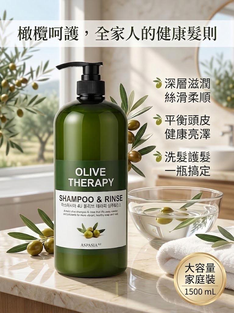 ASPASIA 4U 橄欖植萃雙效洗潤髮乳 1500ml (Olive Therapy Shampoo & Rinse)