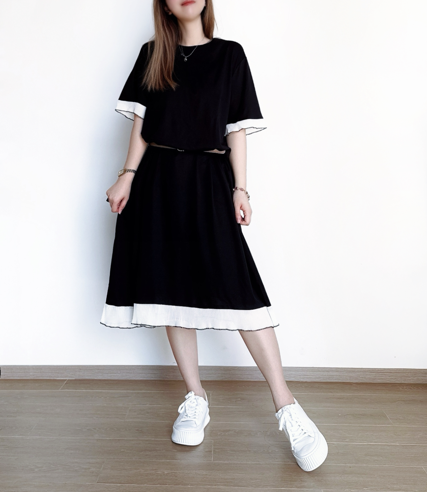 氣質顯瘦純色拼料Ops