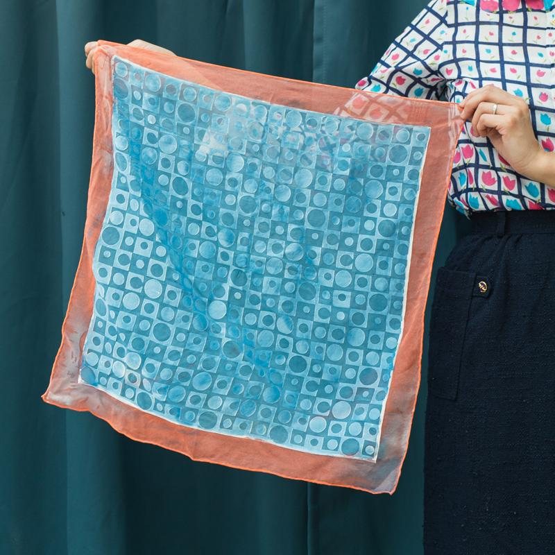 Vintage MOD Pattern Peach Pink & Sky Blue Geometric Pattern Small Square Sheer Scarf - 72% Rayon; 28% Silk(MT1602-1)