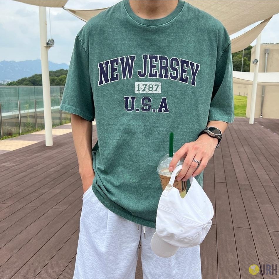 【100%保證韓國直送】New Jersey 美式復古裂紋字母印花 Pigment 古洗寬鬆落肩短袖Tee 👕 [4 color] RG165924