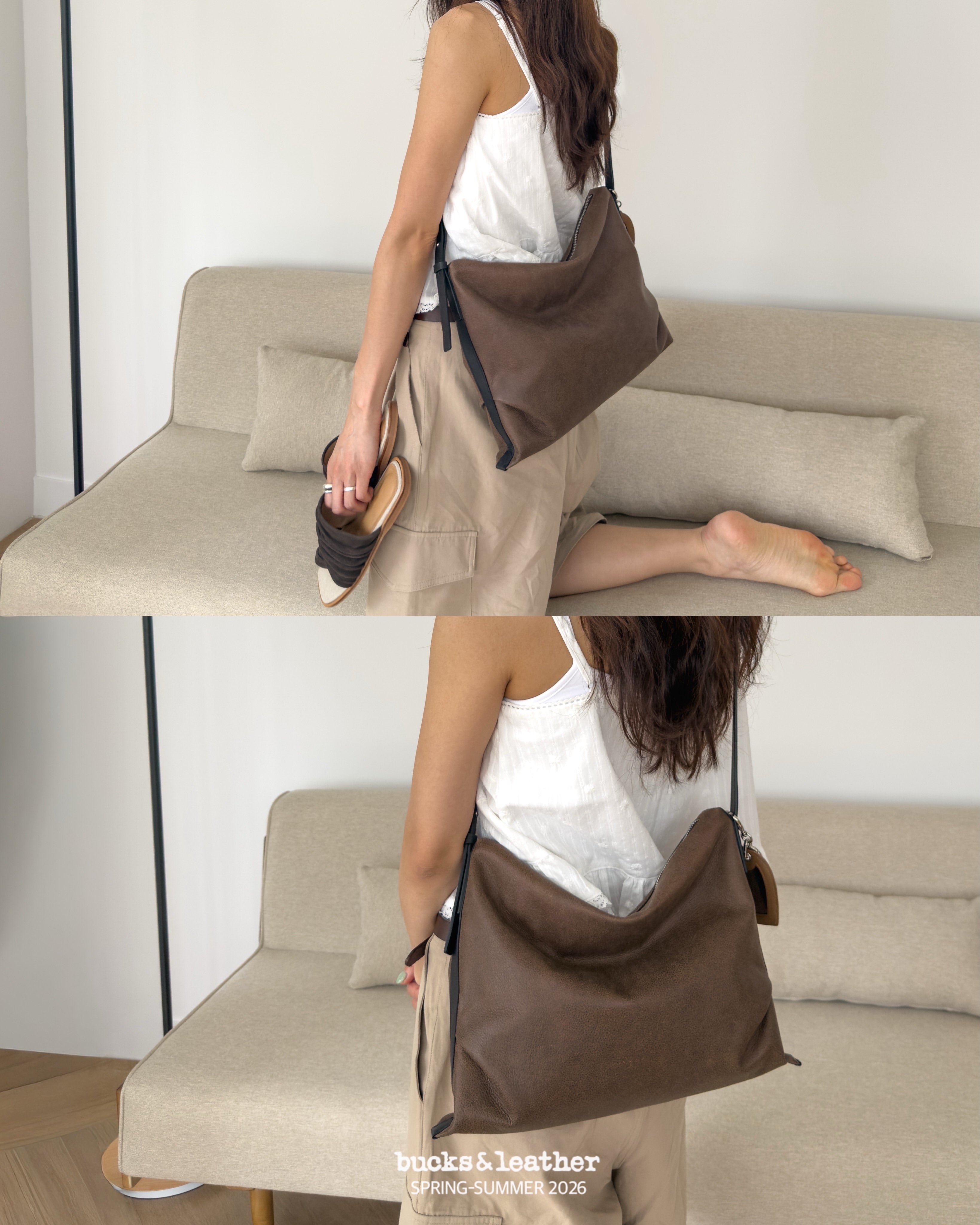 預購_牛皮亮面 / 石洗荔枝紋Day Shoulder (L) By Bucks & leather