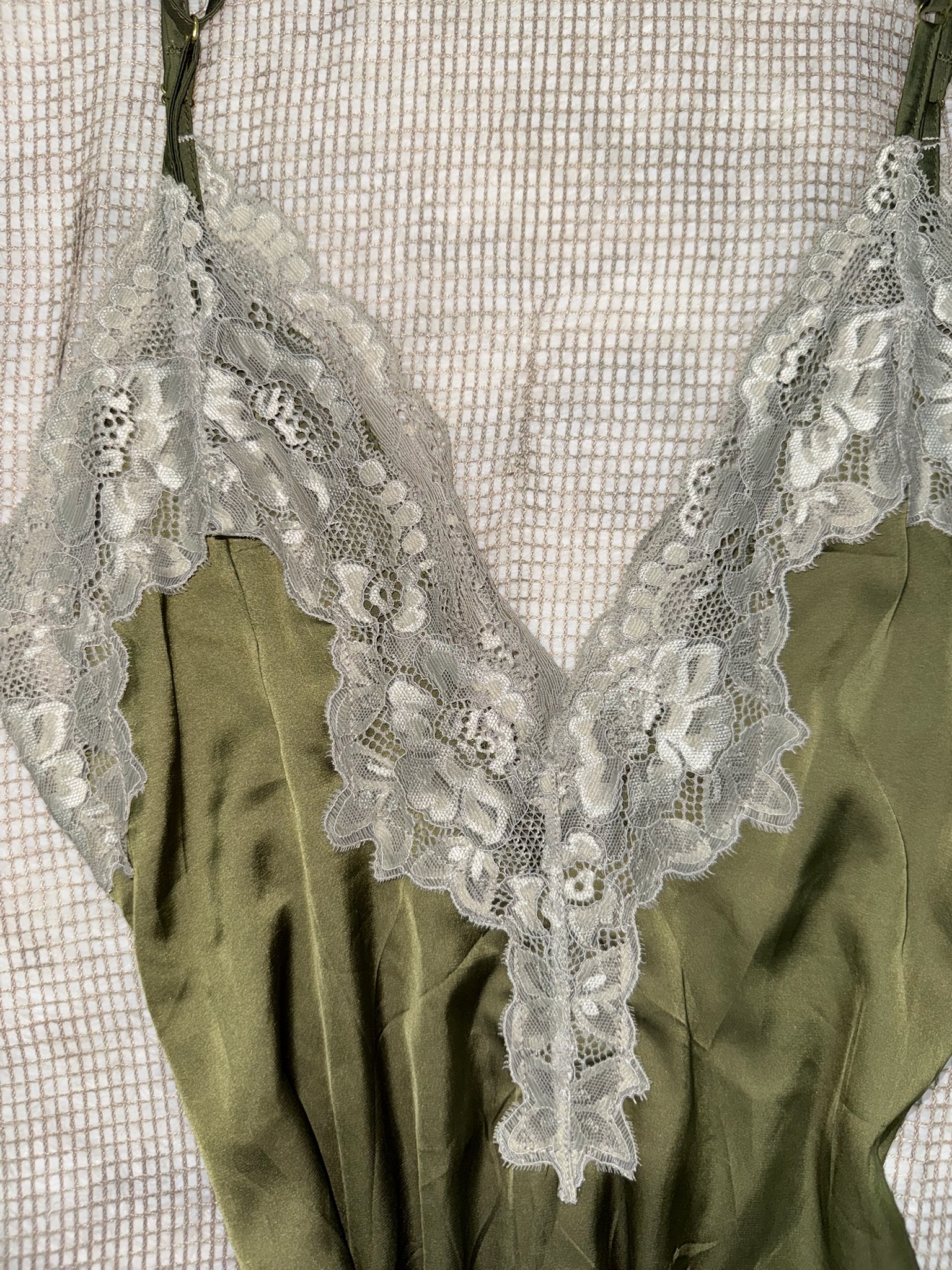 Olive Green Satin Nightie with Floral Lace V-Neck