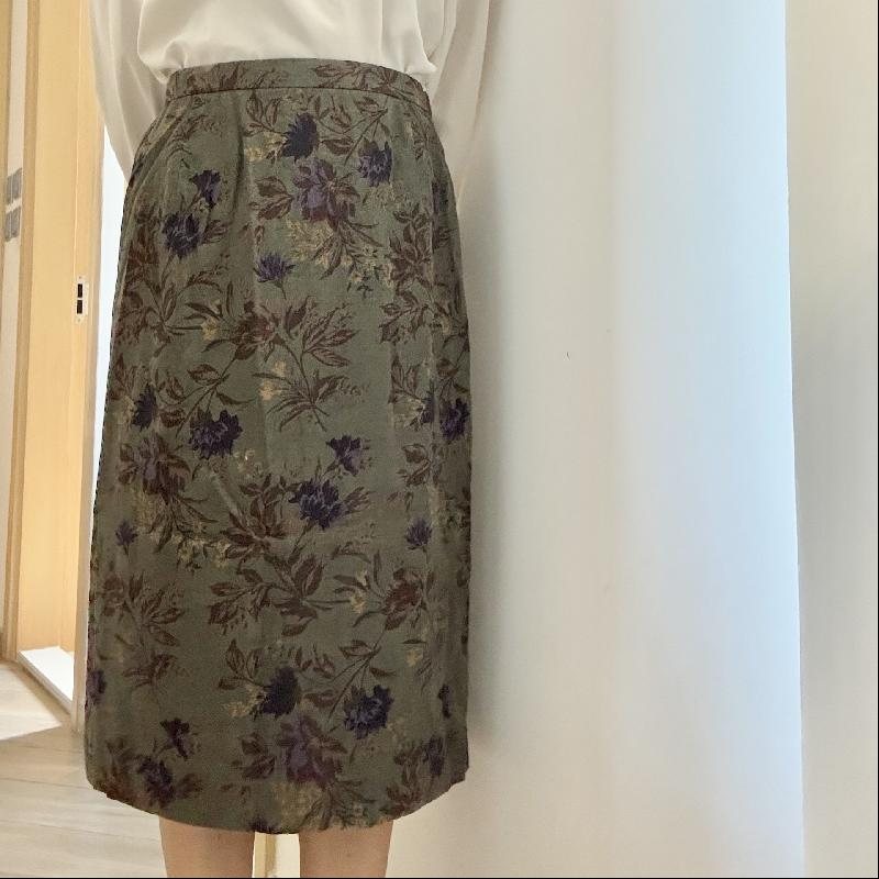 Vintage Japanese IMAGINA 15% Wool Textured Floral Pattern Green Skirt -Waist 29-30"(MT1606)