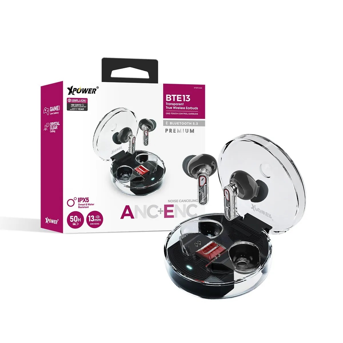 XPower BTE13 型格透明 ANC 主動降噪藍牙 5.3 耳機