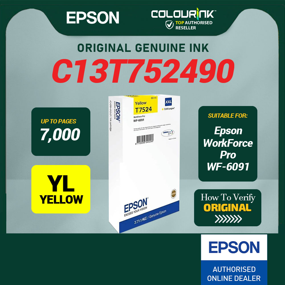Epson T752 Original Genuine Ink BK C13T752190 CY C13T752290 MG C13T752390 YL C13T752490 WF-6091
