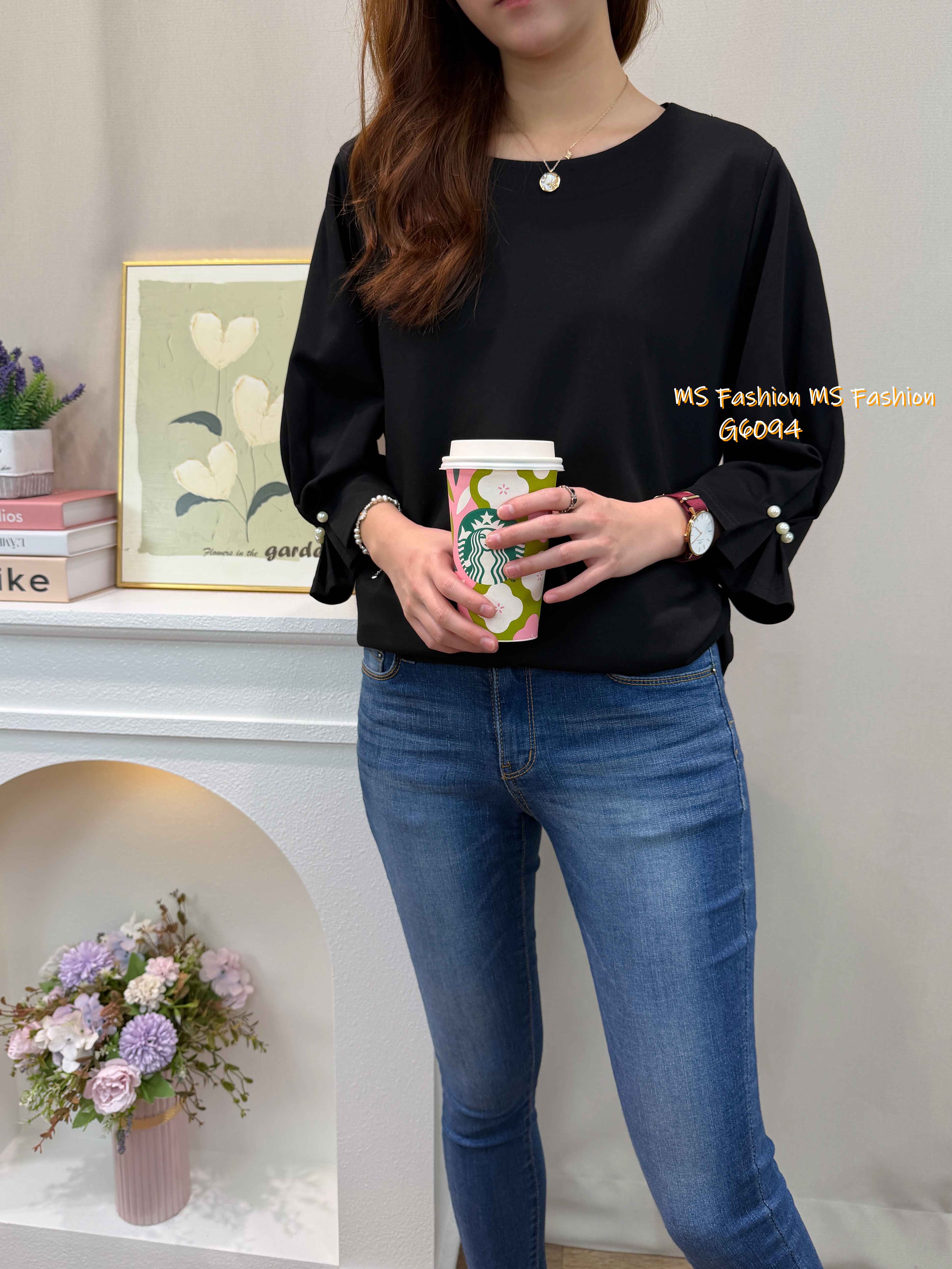 G6094 韓國🇰🇷百摺珠袖淨色top