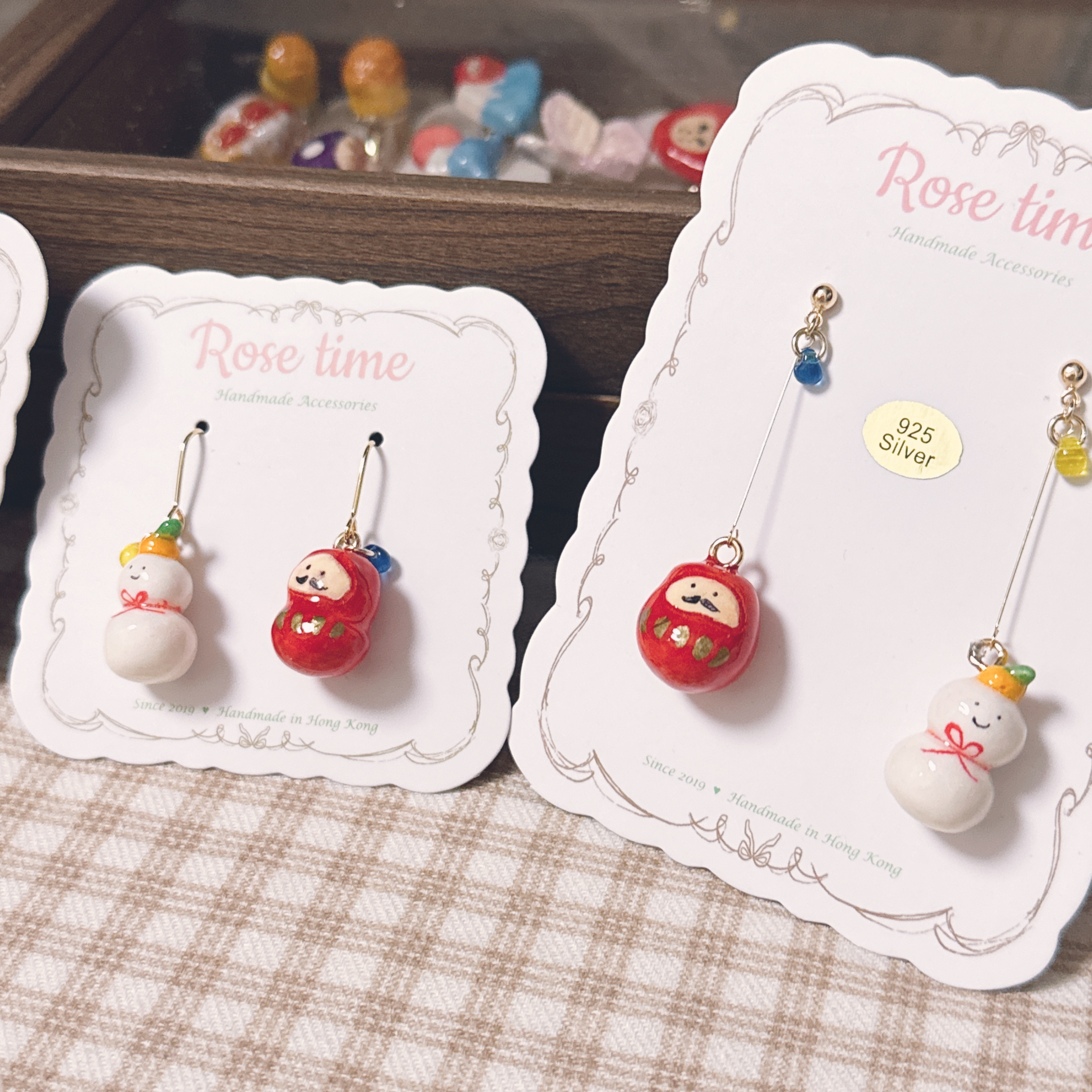 手繪 和風雪餅/年糕 胖達摩耳環 長短款