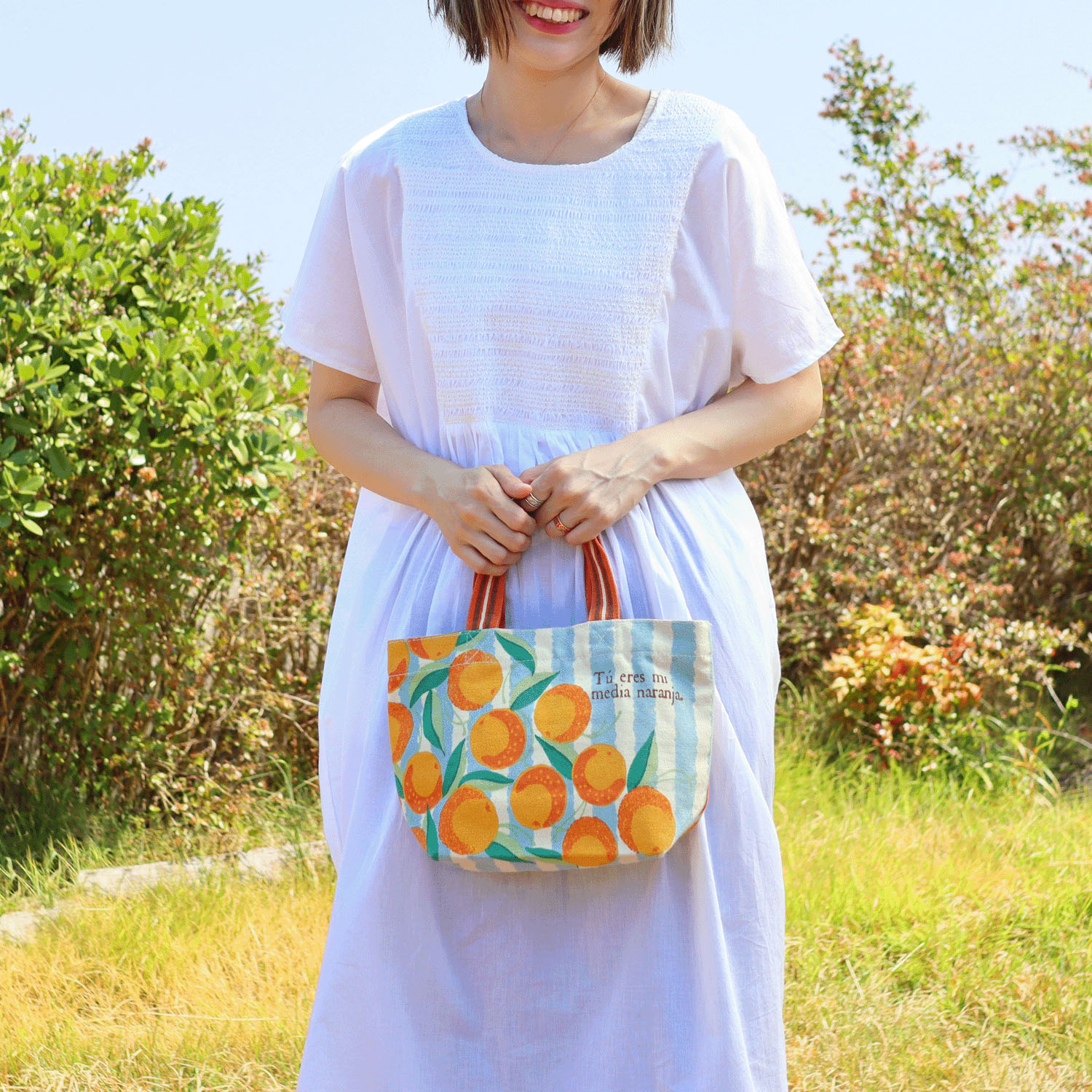 TM - 手挽布包 (淺藍色直紋香橙款)