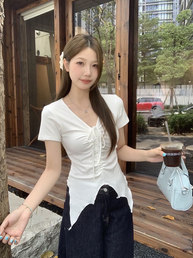 B331(35259) 韩版甜酷风前部V领束带褶皱下摆飘带开角3色上衣